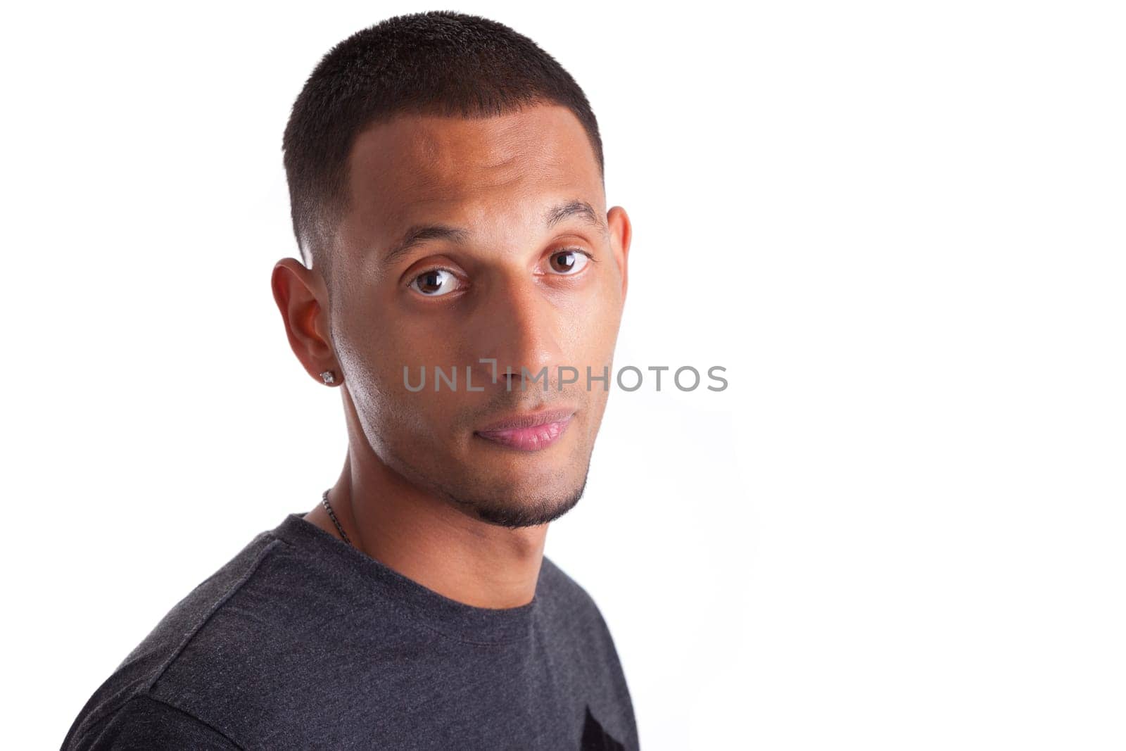Close up portrait of a young african american man, isolated on white background