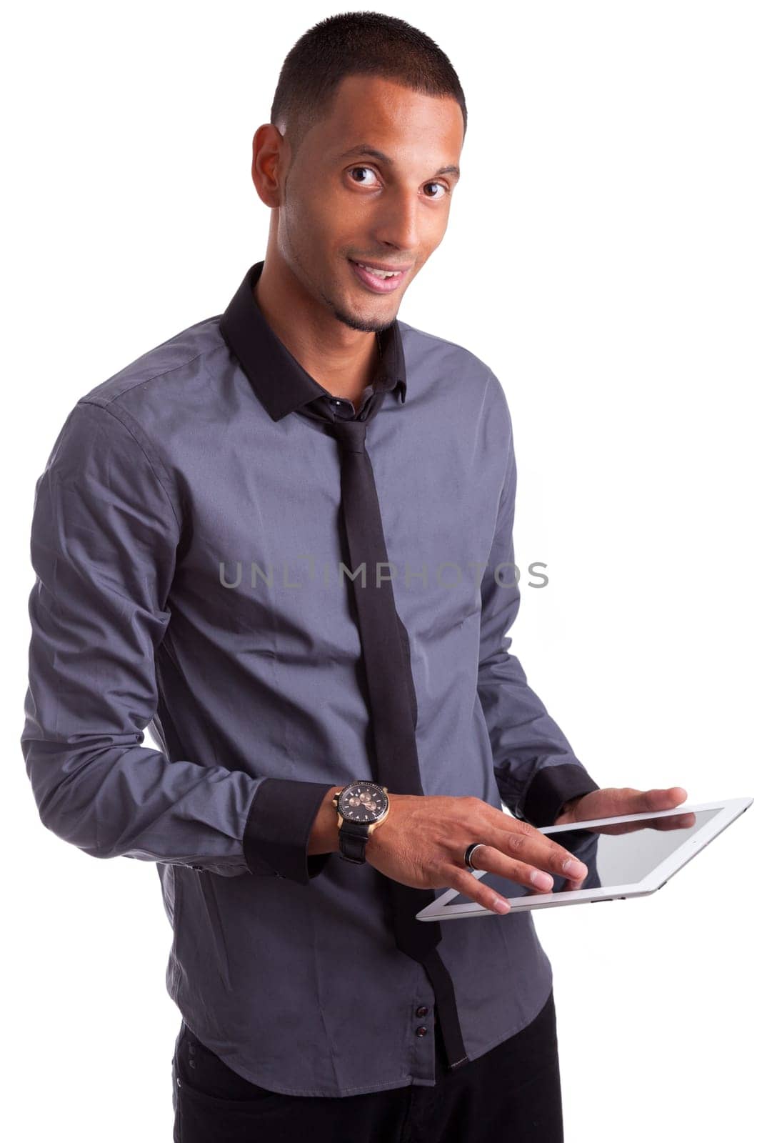 Young african american man using a tablet pc, isolated on white background