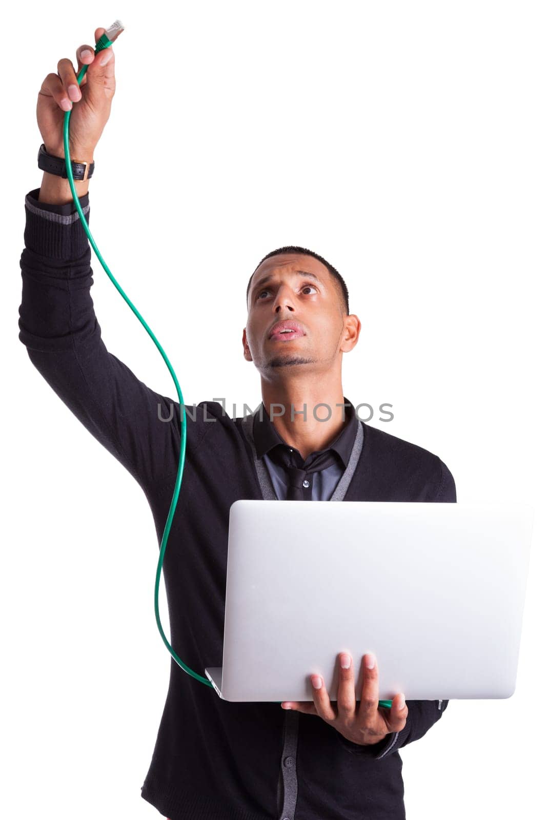 Young african american computer scientist plugin a ethernet cable, isolated on white background