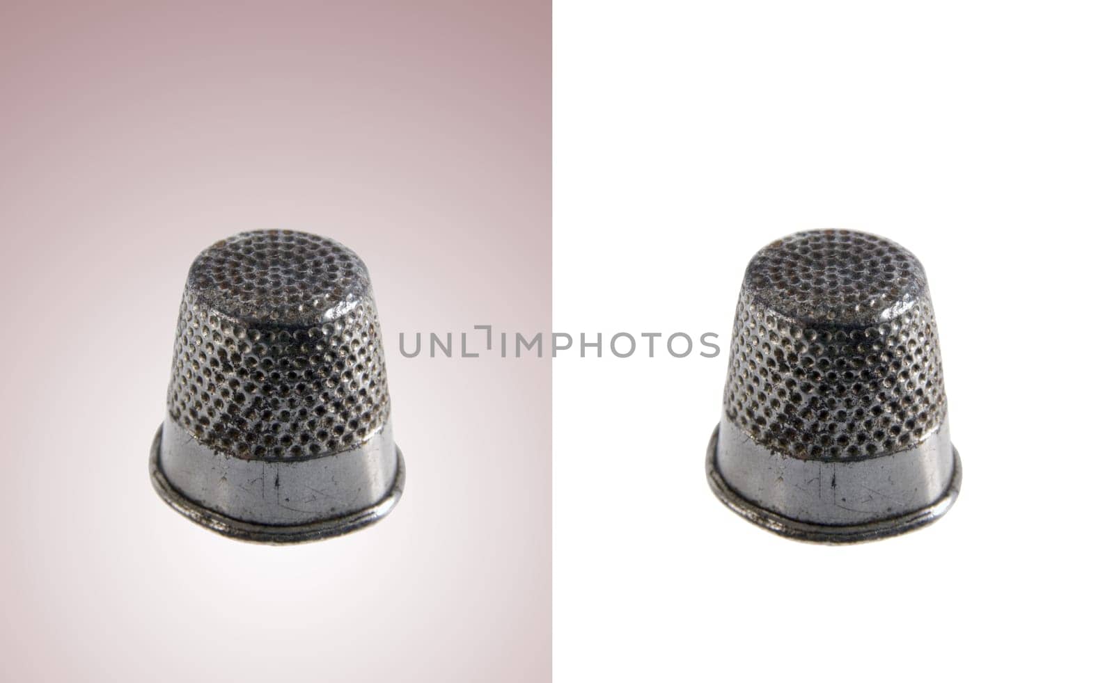 Metal thimbles isolated over white and degraded gray backgrounds. Included clipping path in every object, so you can easily cut it out and place over the top of a design.
