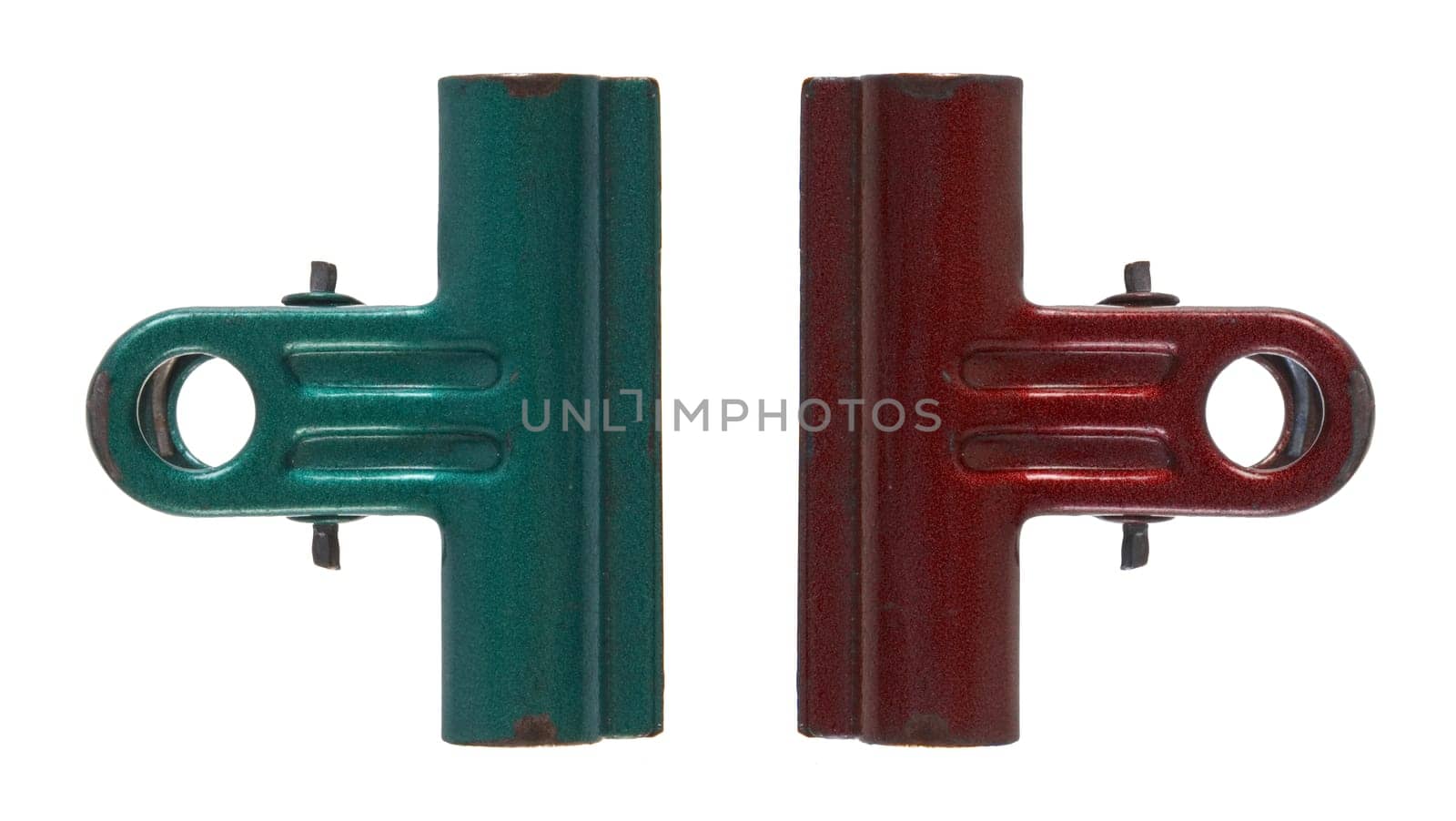 Two steel bulldog paper clips isolated on white background.  Included clipping path, so you can easily cut it out and place over the top of a design.