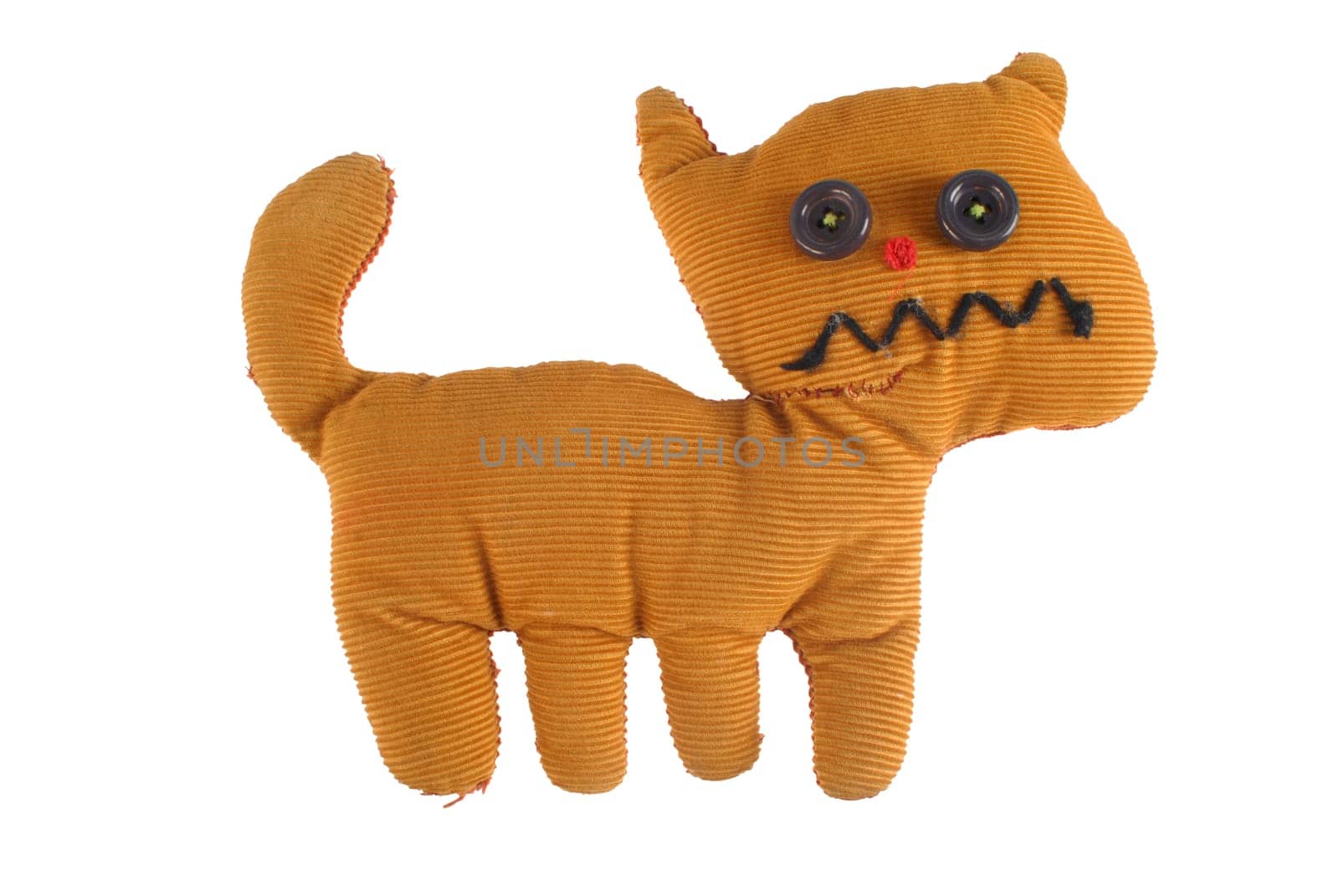 One sad fabric teddy cat isolated with on white background.  Included clipping path, so you can easily cut it out and place over the top of a design.