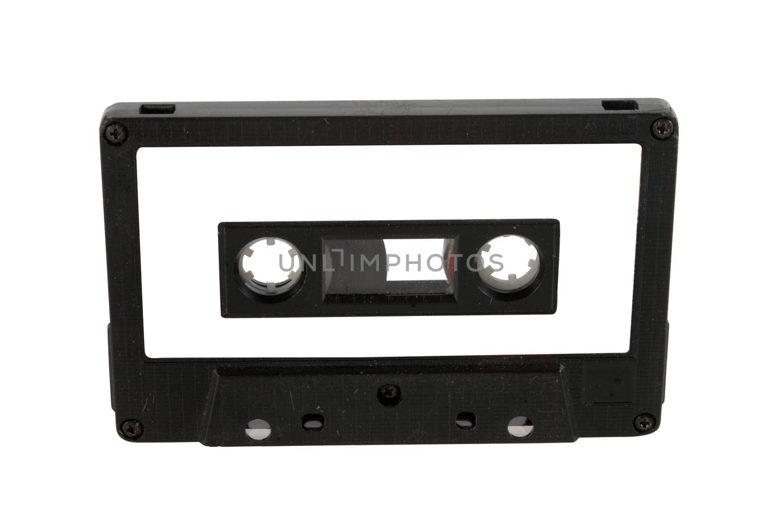 Single black audio cassette and label isolated on white background. Included clipping path for each part, so you can easily cut it out and place over the top of a design.