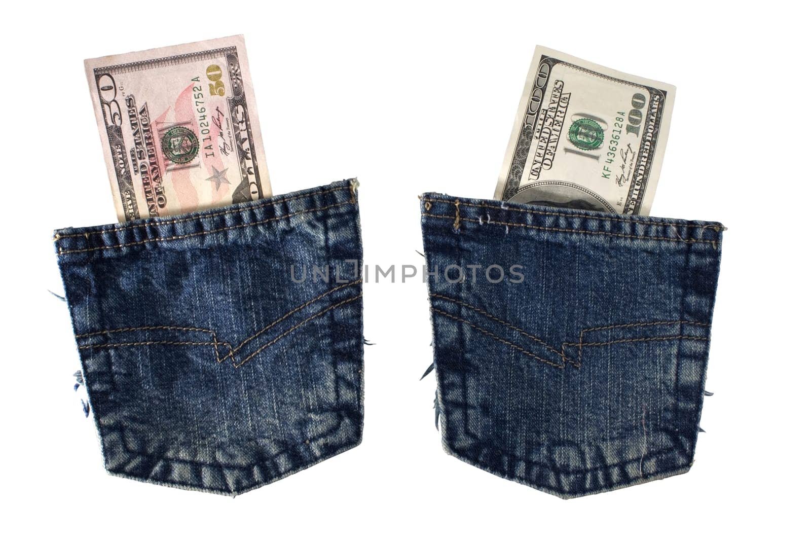 Two blue jeans pockets with dollars bill inside isolated on white background.  Included clipping path, so you can easily cut it out and place over the top of a design.