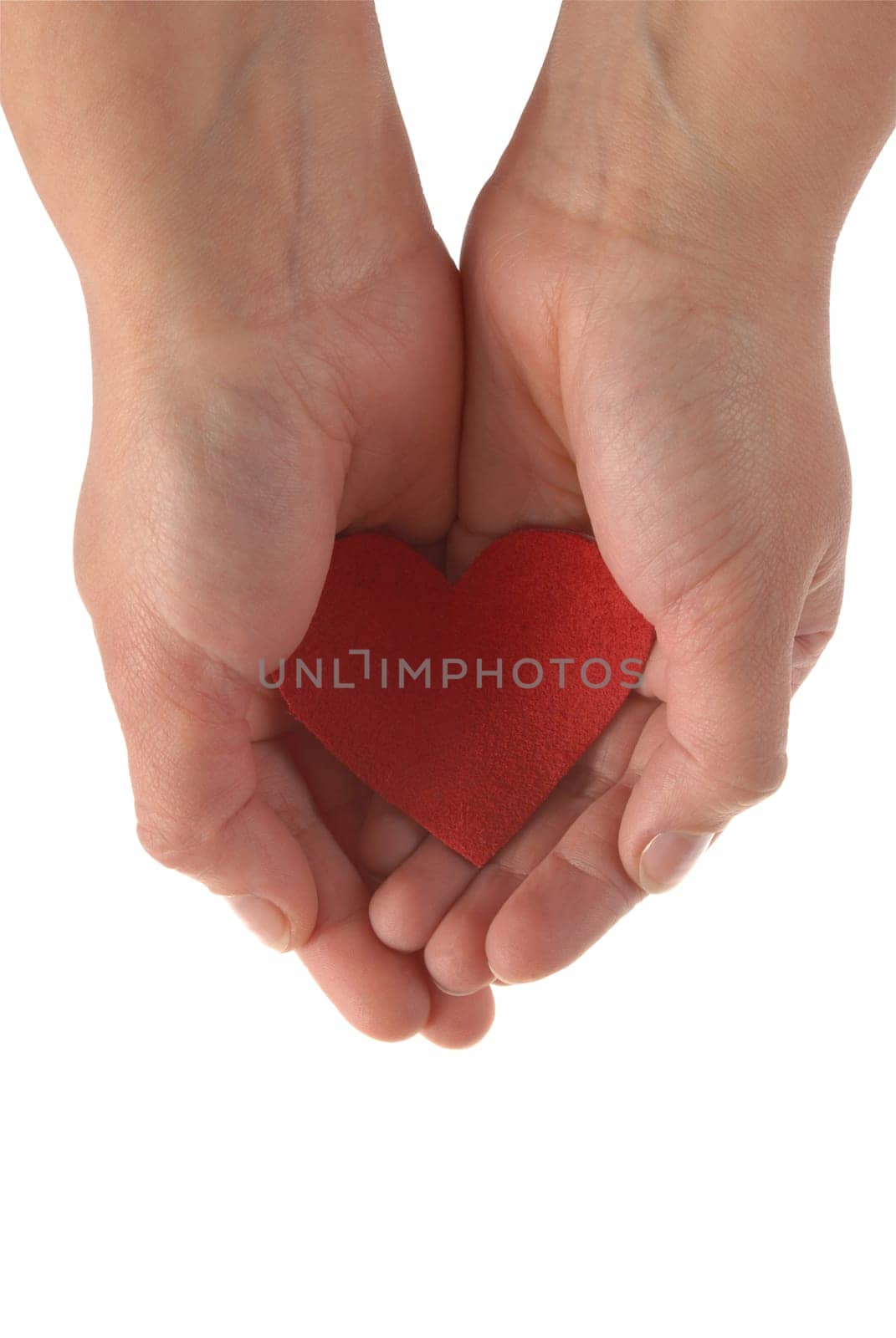 Two woman hands holding a fabric red heart isolated on white background.  Included clipping path, so you can easily cut it out and place over the top of a design.