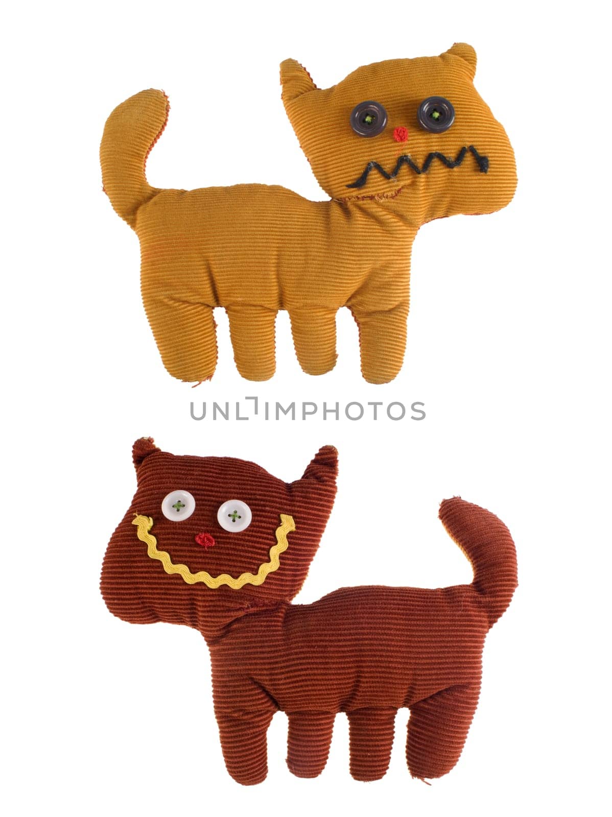 Two fabric teddy cats in beige and brown isolated with on white background.  Included clipping path, so you can easily cut it out and place over the top of a design.