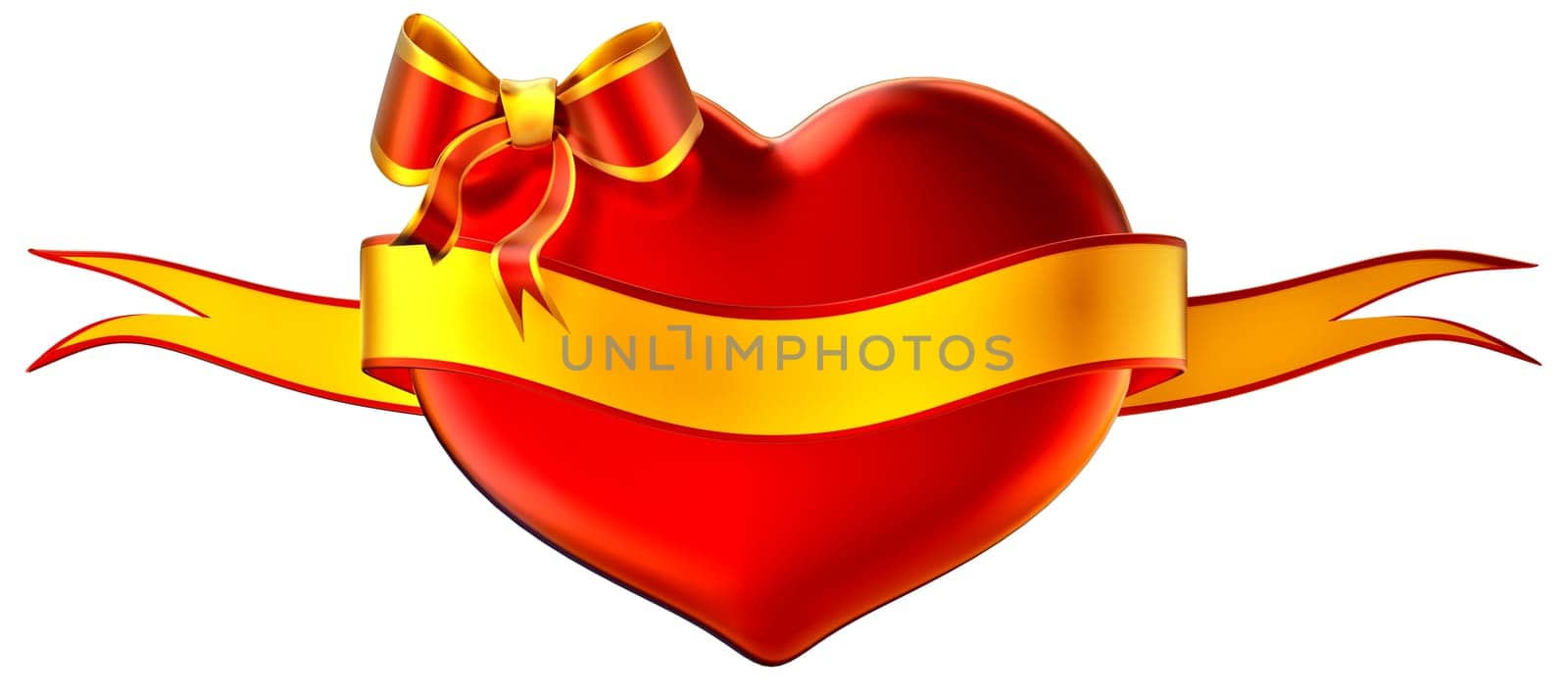 3D heart with bow and golden ribbon on a white background