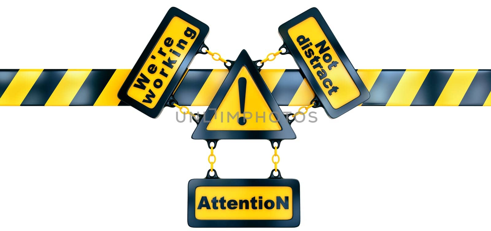 Shiny golden warning sign with exclamation mark and striped line