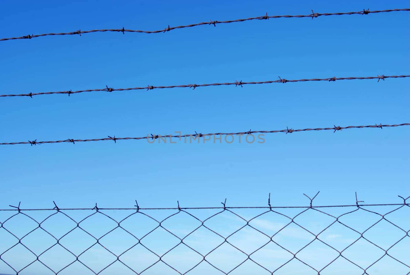 Cut wire fence with clear blue sky background.