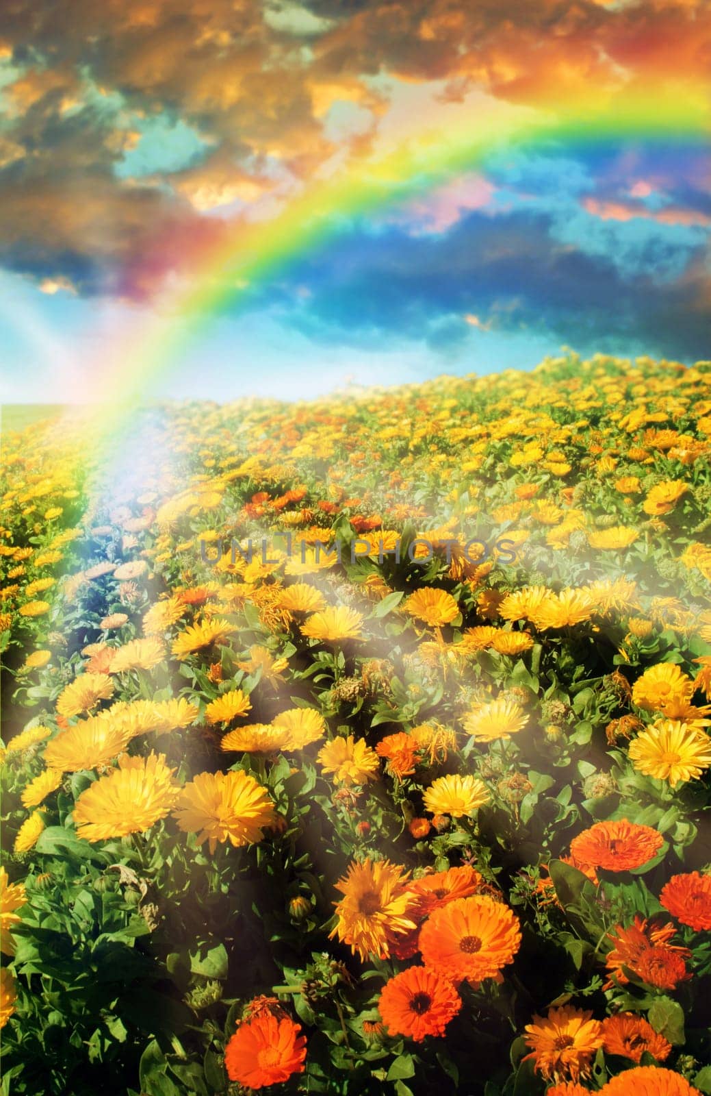 Multicolored flower meadow and rainbow landscape.