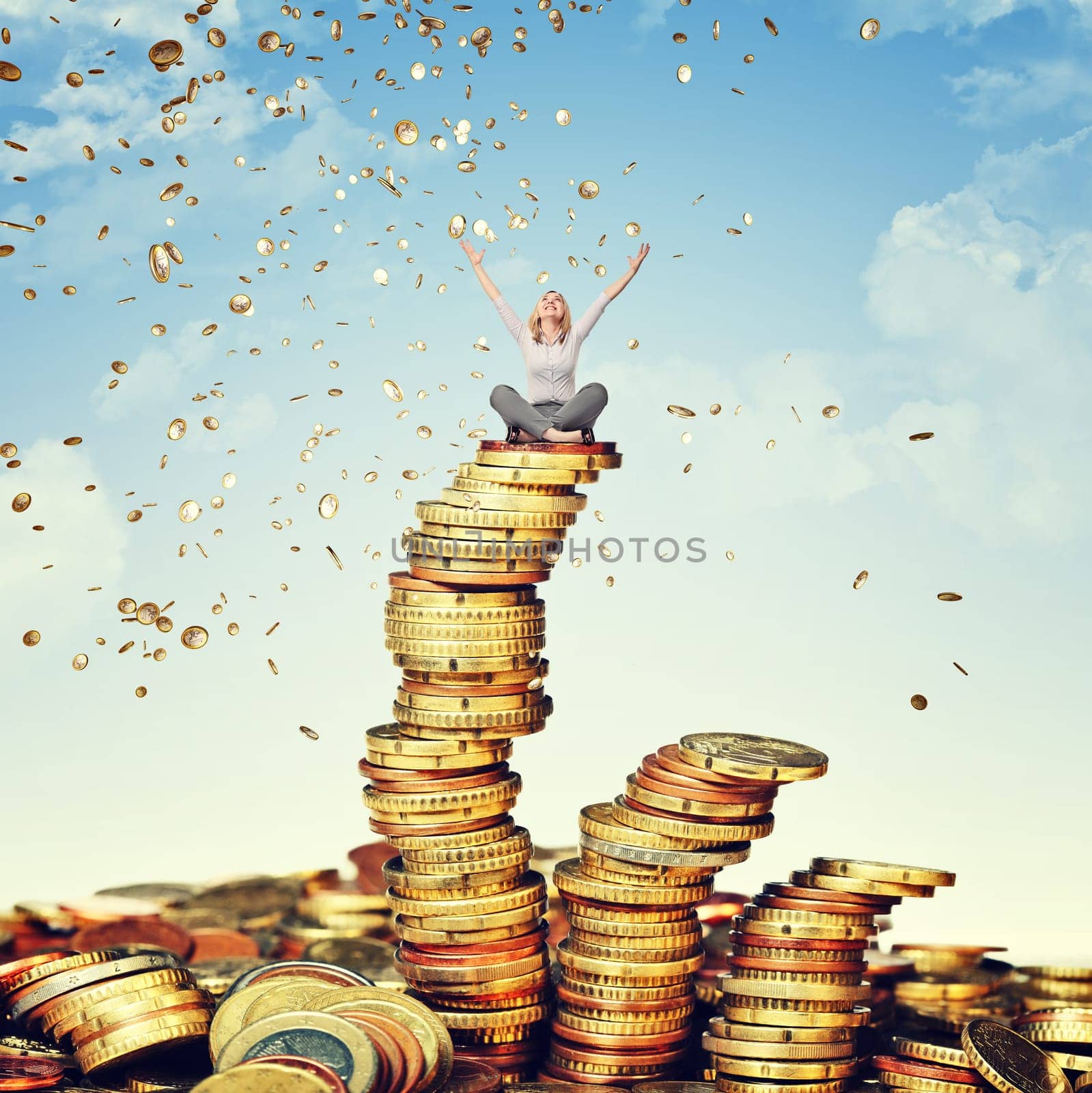 happy woman and rain of euro coin