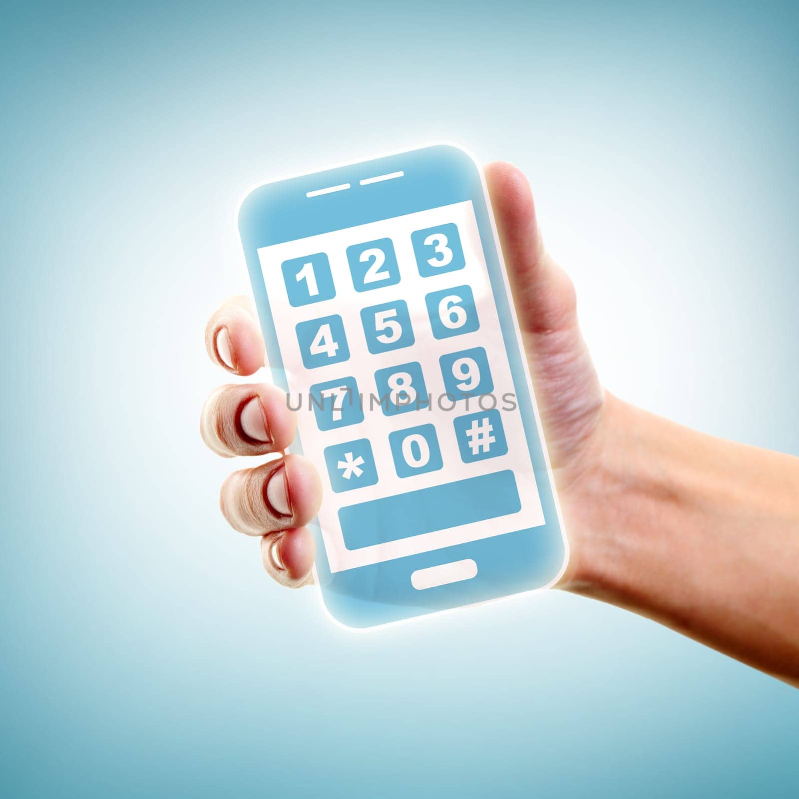 Human hand holding and showing smartphone