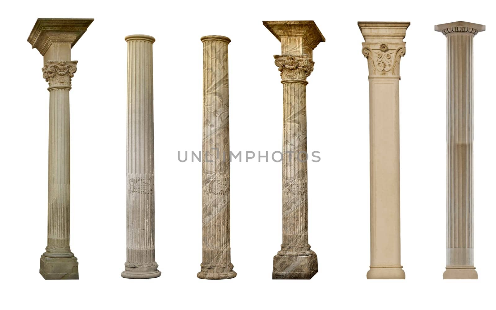 Ancient marble columns, isolated on white