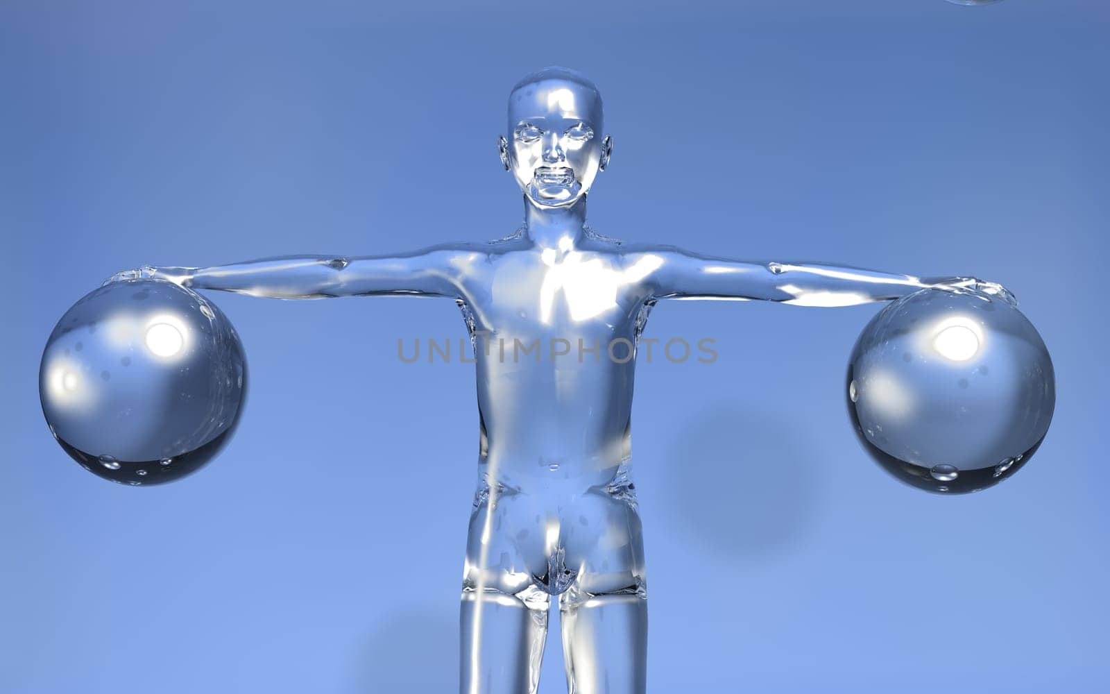 Glassy 3d man with open arms holing two glass spheres on blue background.