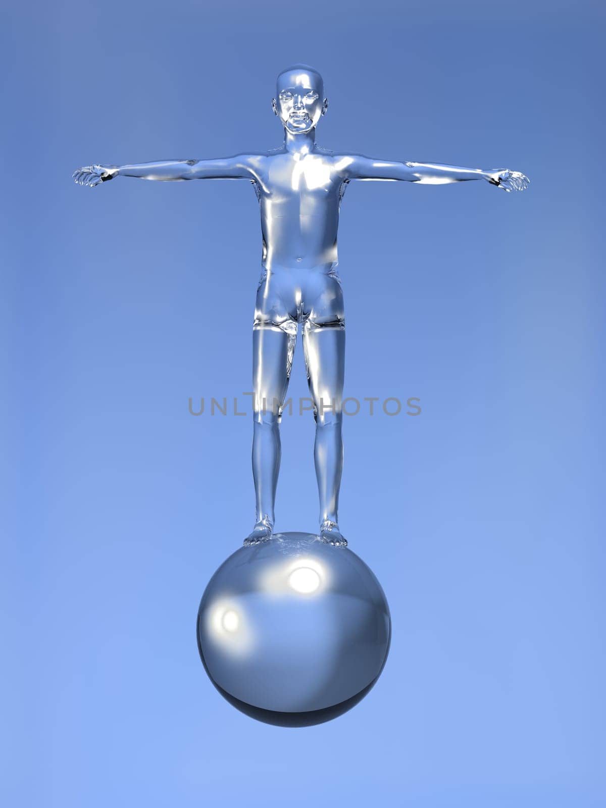 Glassy 3d man with open arms over a glass sphere on blue background.