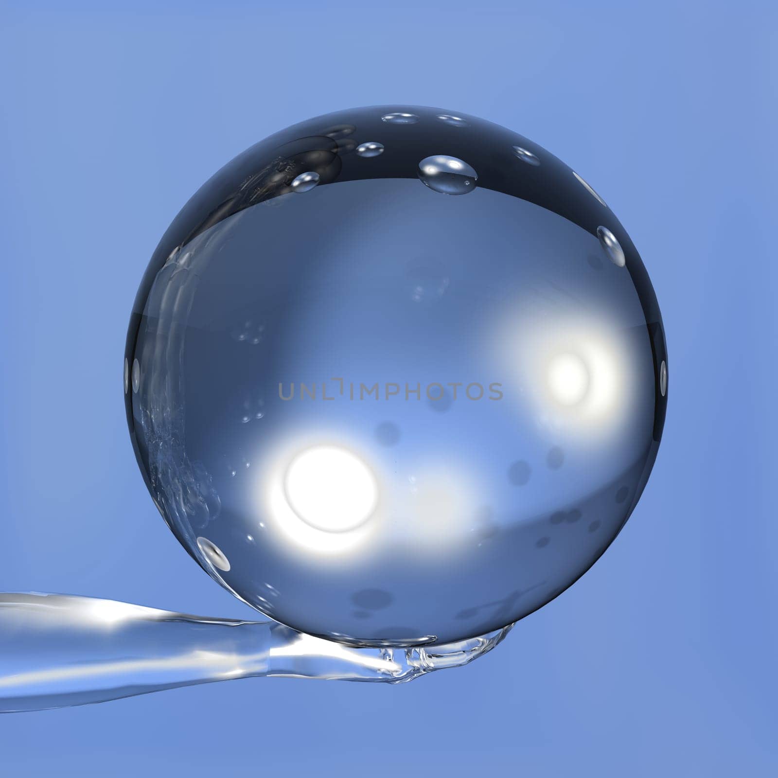 Glassy 3d hand holding a glass ball on blue background.