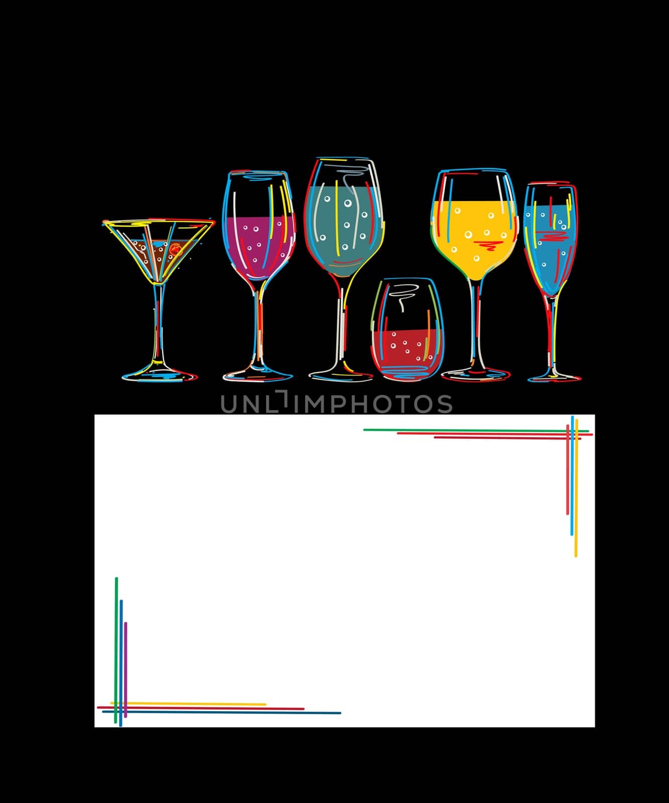 Background with set of colorful cocktail glasses and invitation card