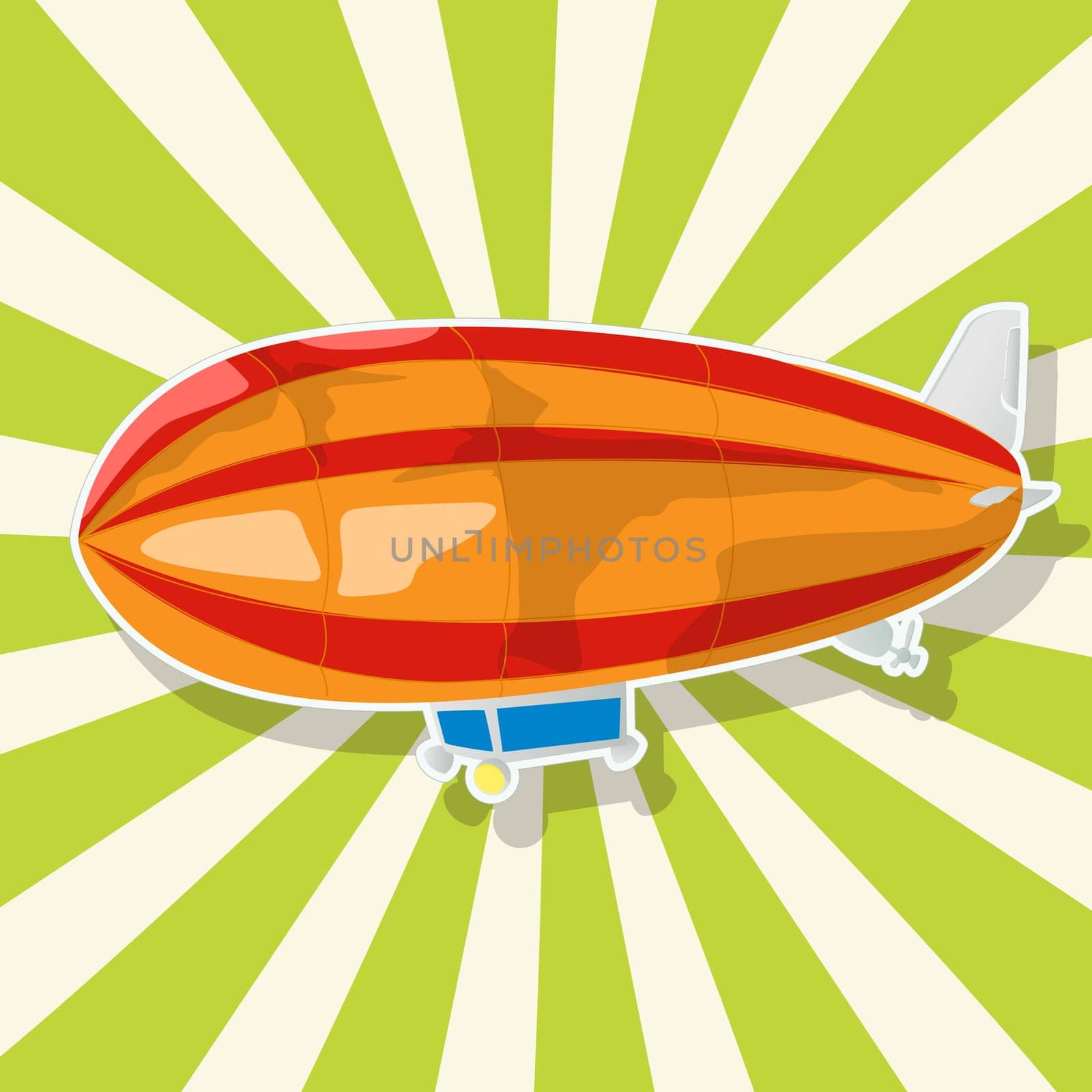 Retro art drawing of a imaginary dirigible and shadow over a stripped background.