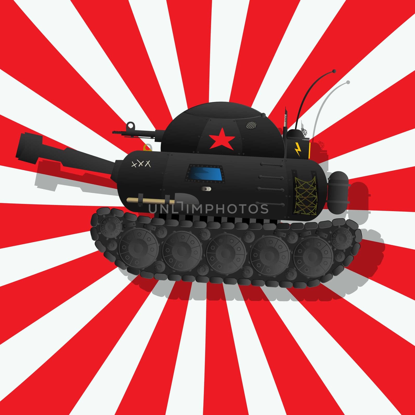 Retro art drawing of a tank and shadow over a stripped background.