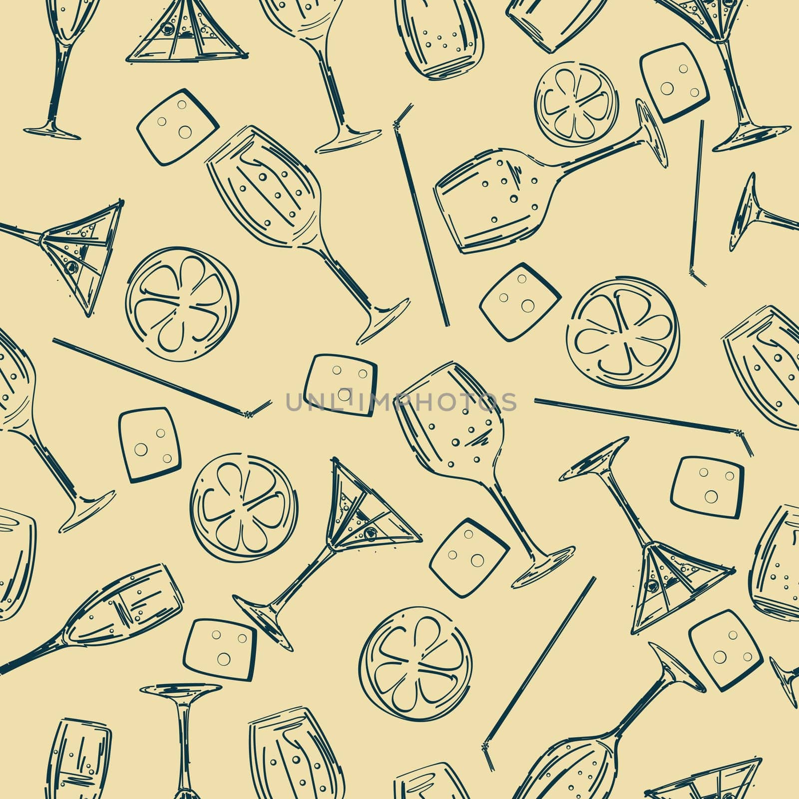 Stylized seamless background pattern with cocktail glasses, straws and ice cube