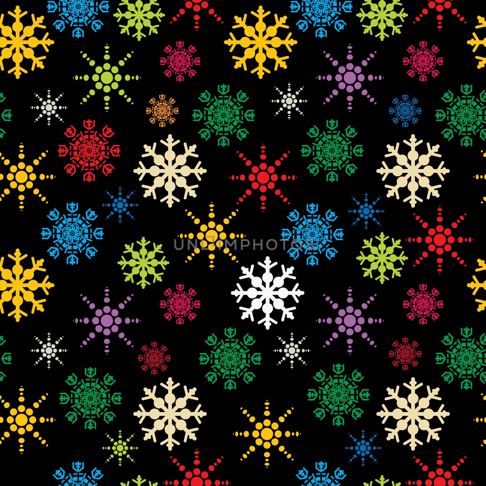 Winter holidays seamless pattern with colored snowflakes, abstract art