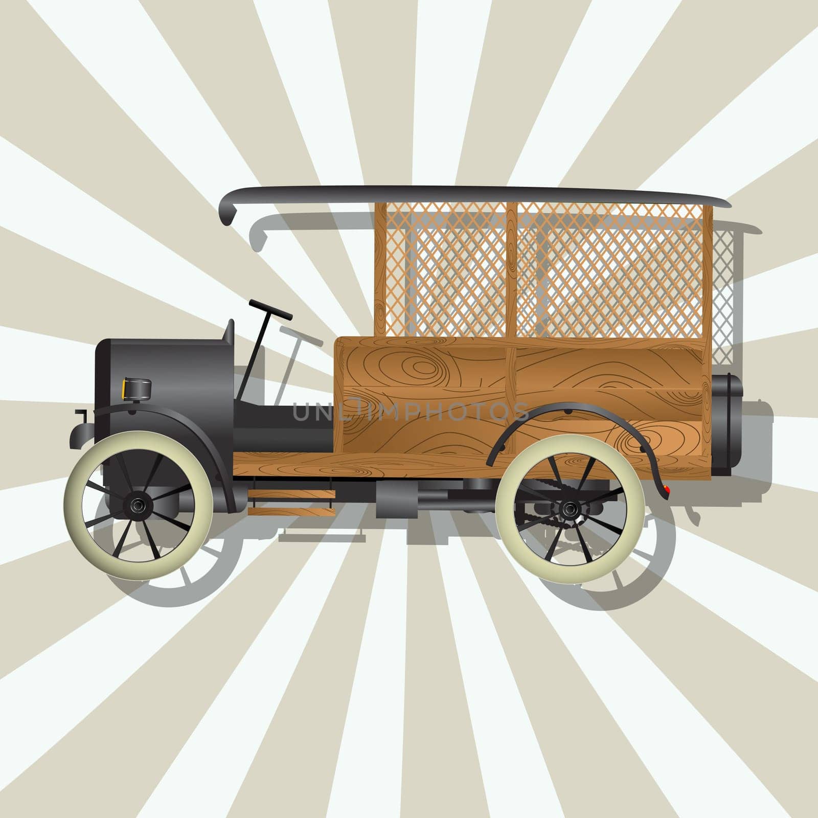 Retro art drawing of a vintage truck and shadow over a stripped background.
