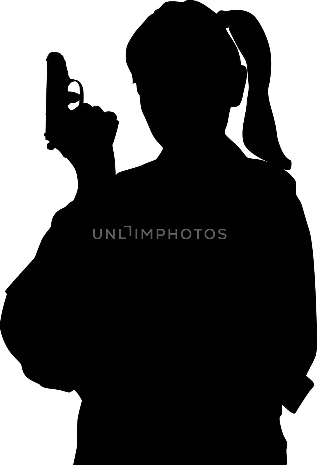 Girl with gun, pistol, vector black & white