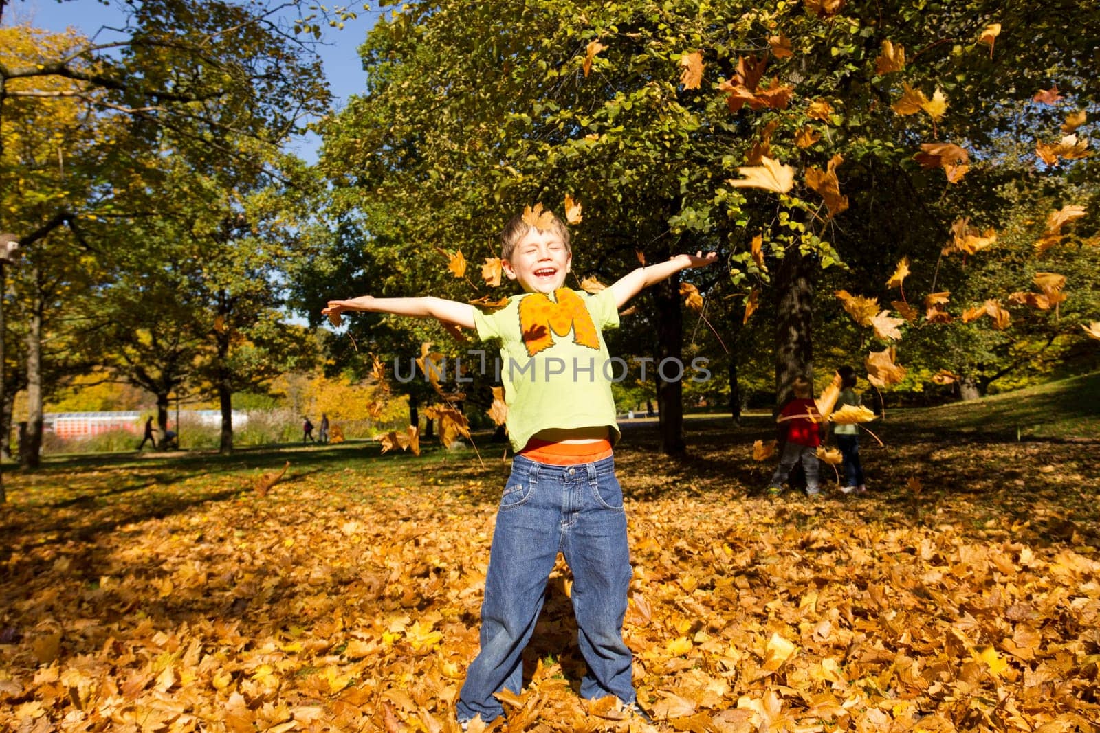 Boy playing with colorful foliage in autumn