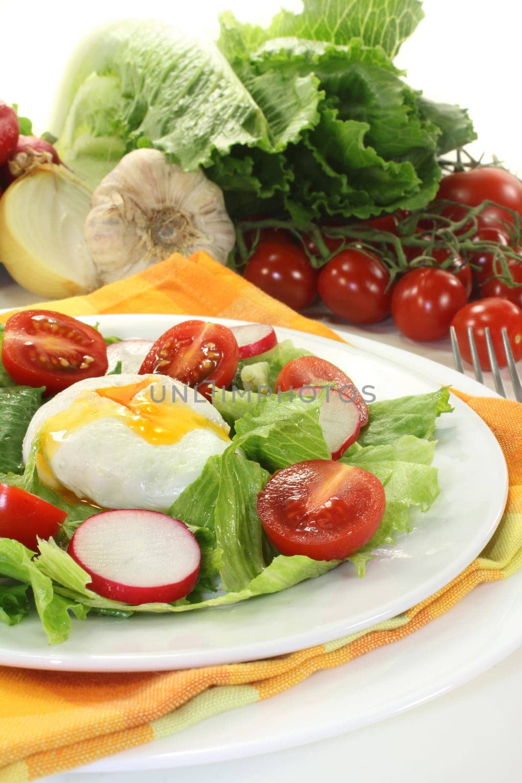 mixed colorful salad with poached egg