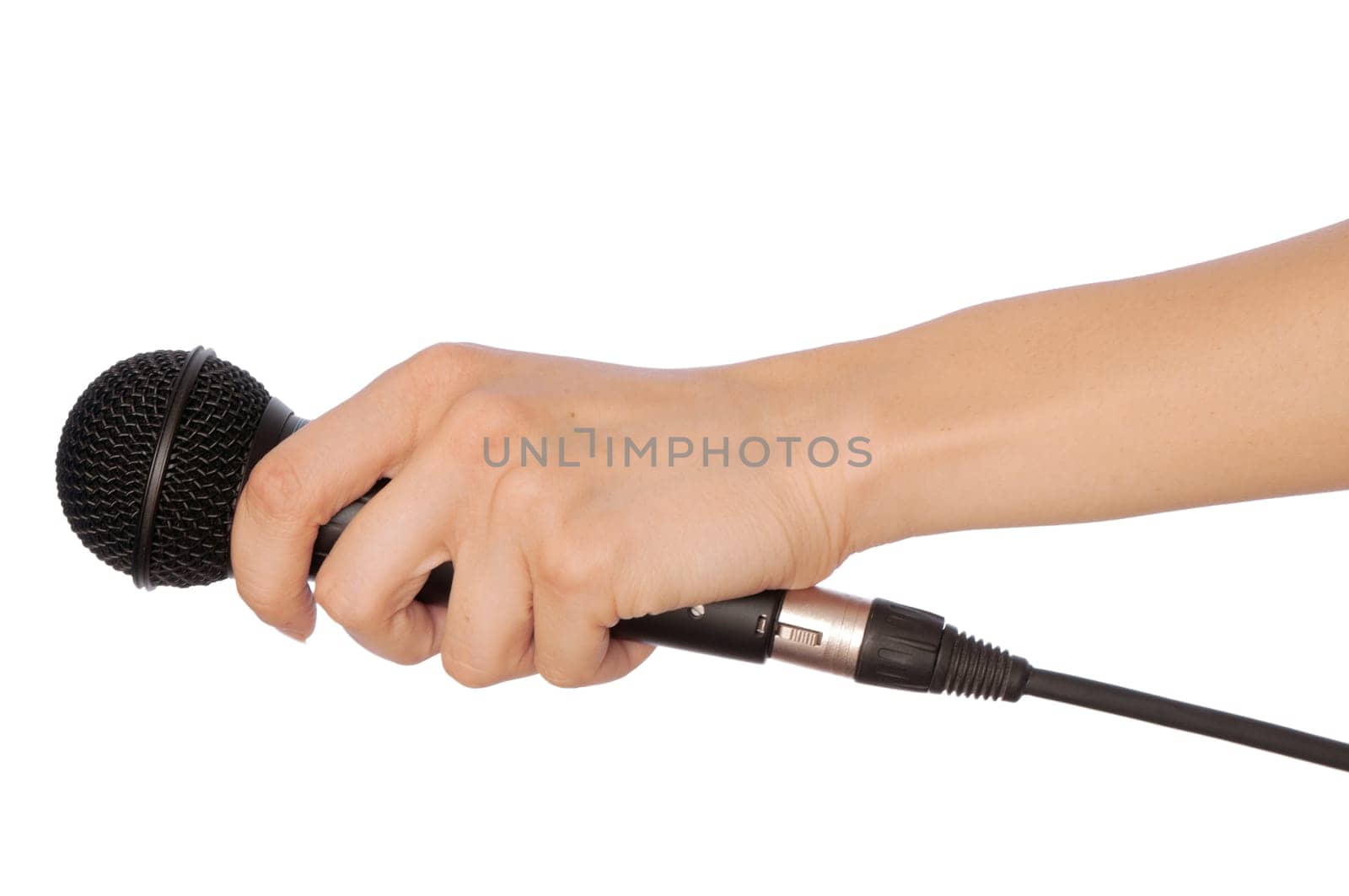 woman holding big black microphone for singing