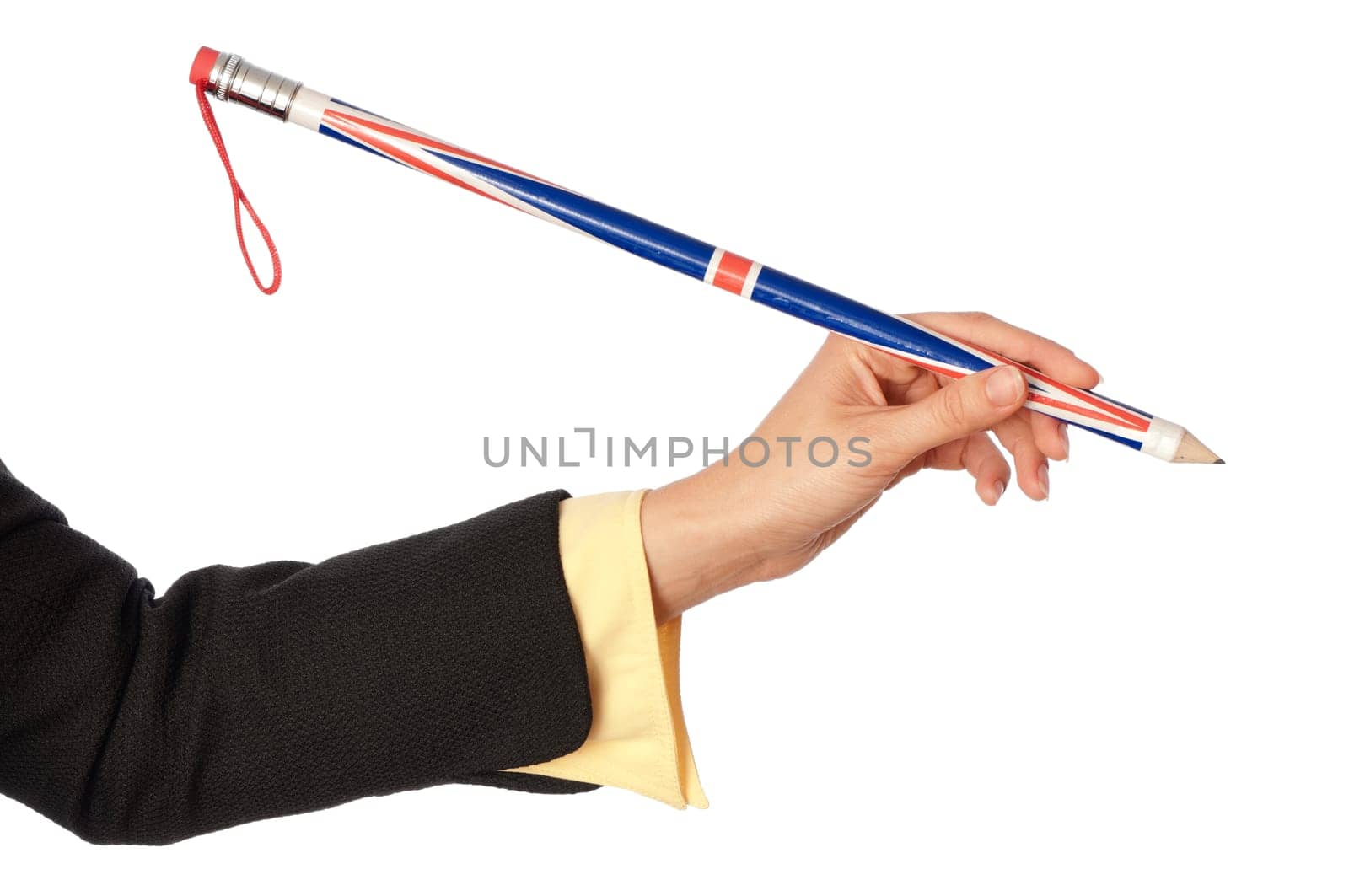 businesswoman drawing diagrams for her partners on the meeting with big funny pencil