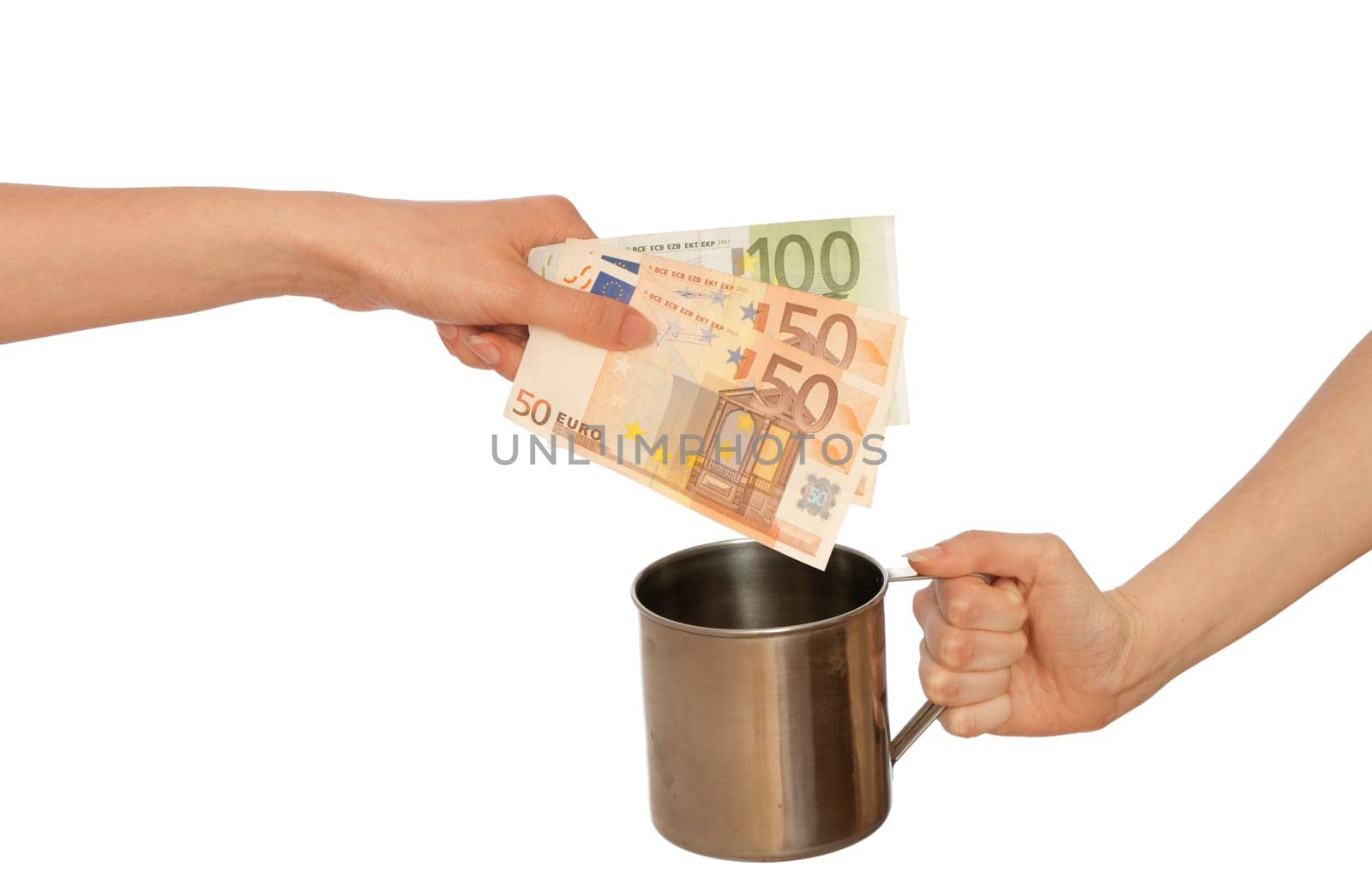 woman giving alms in euro to another woman