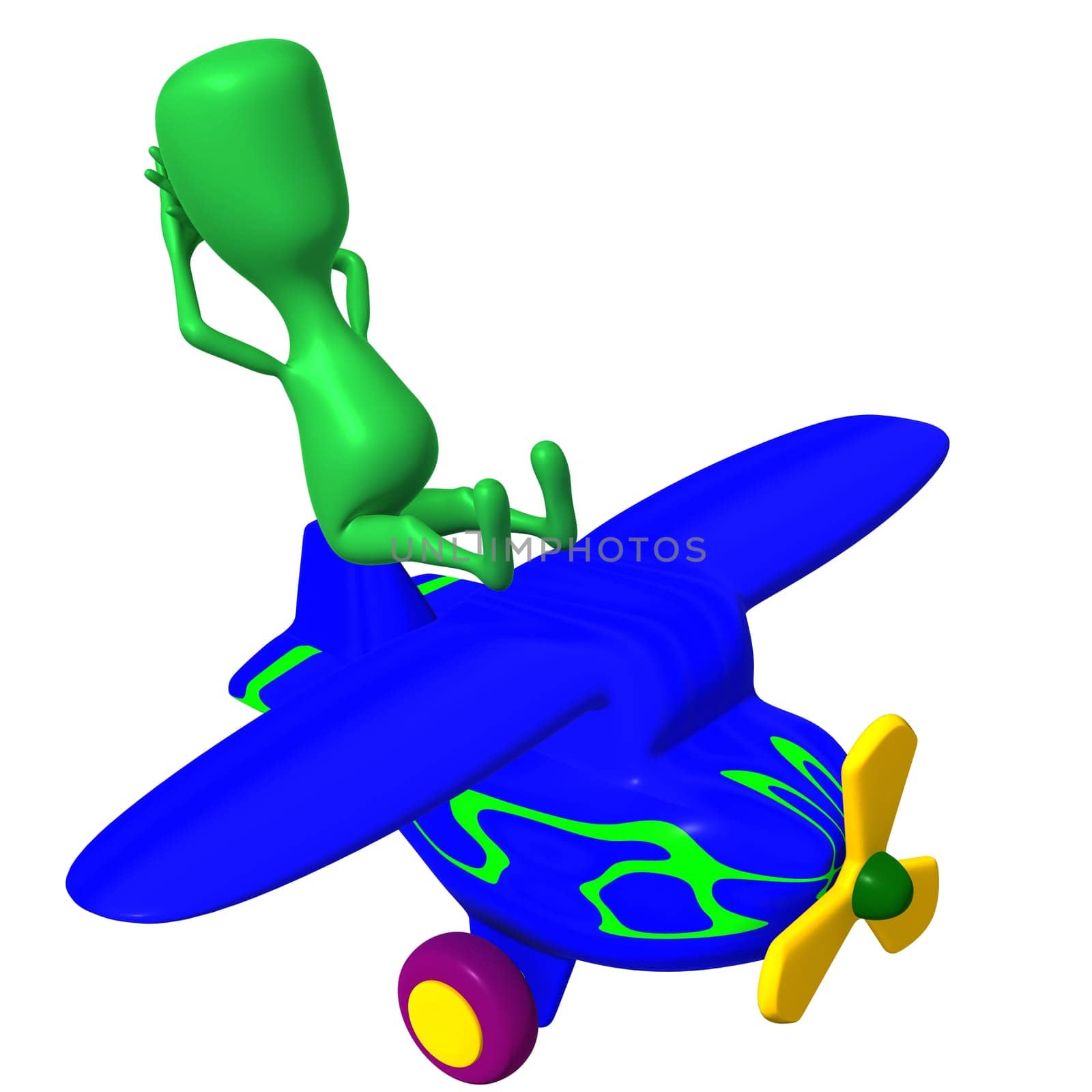 Over view green puppy resting on blue airplane