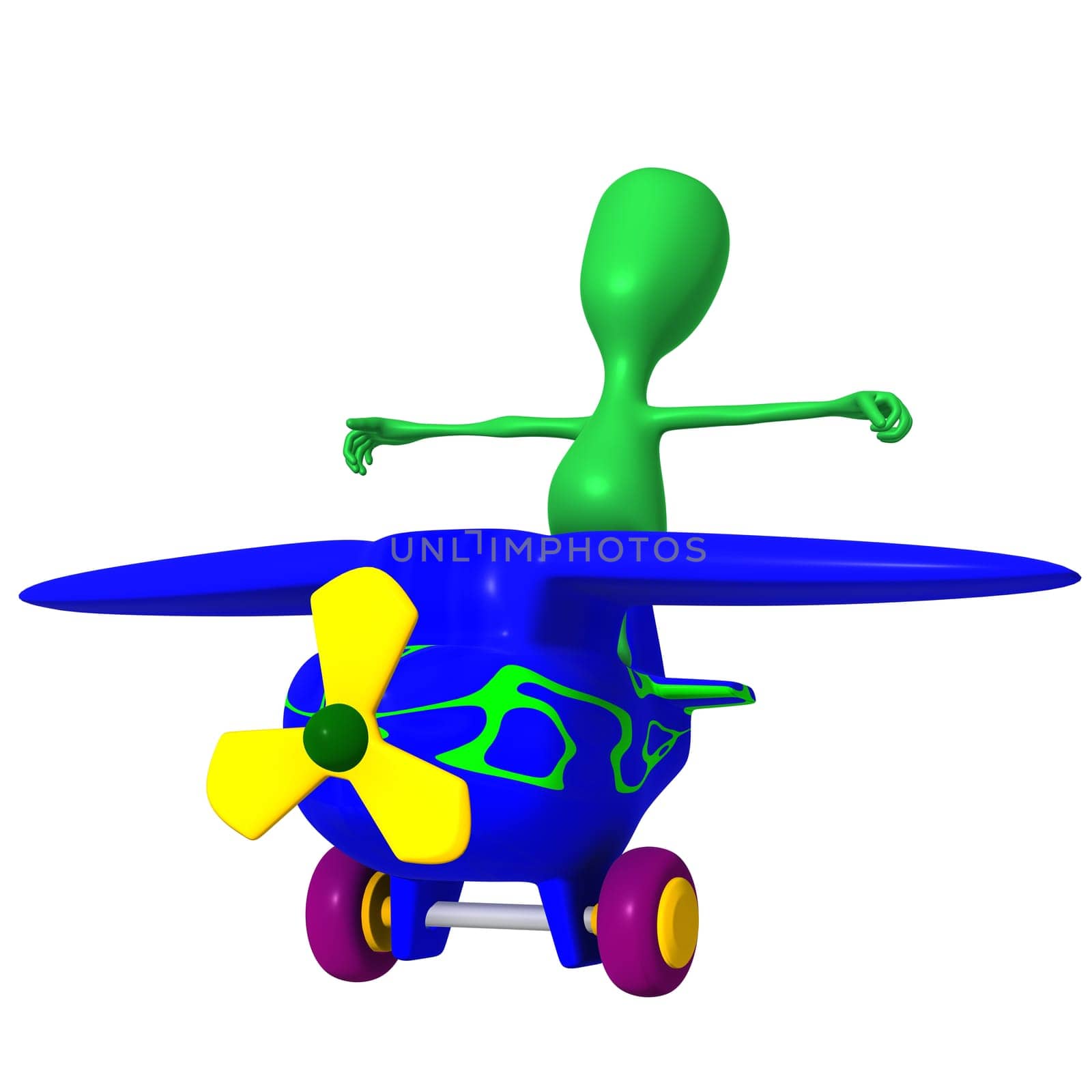 Front view green puppy posing on blue airplane