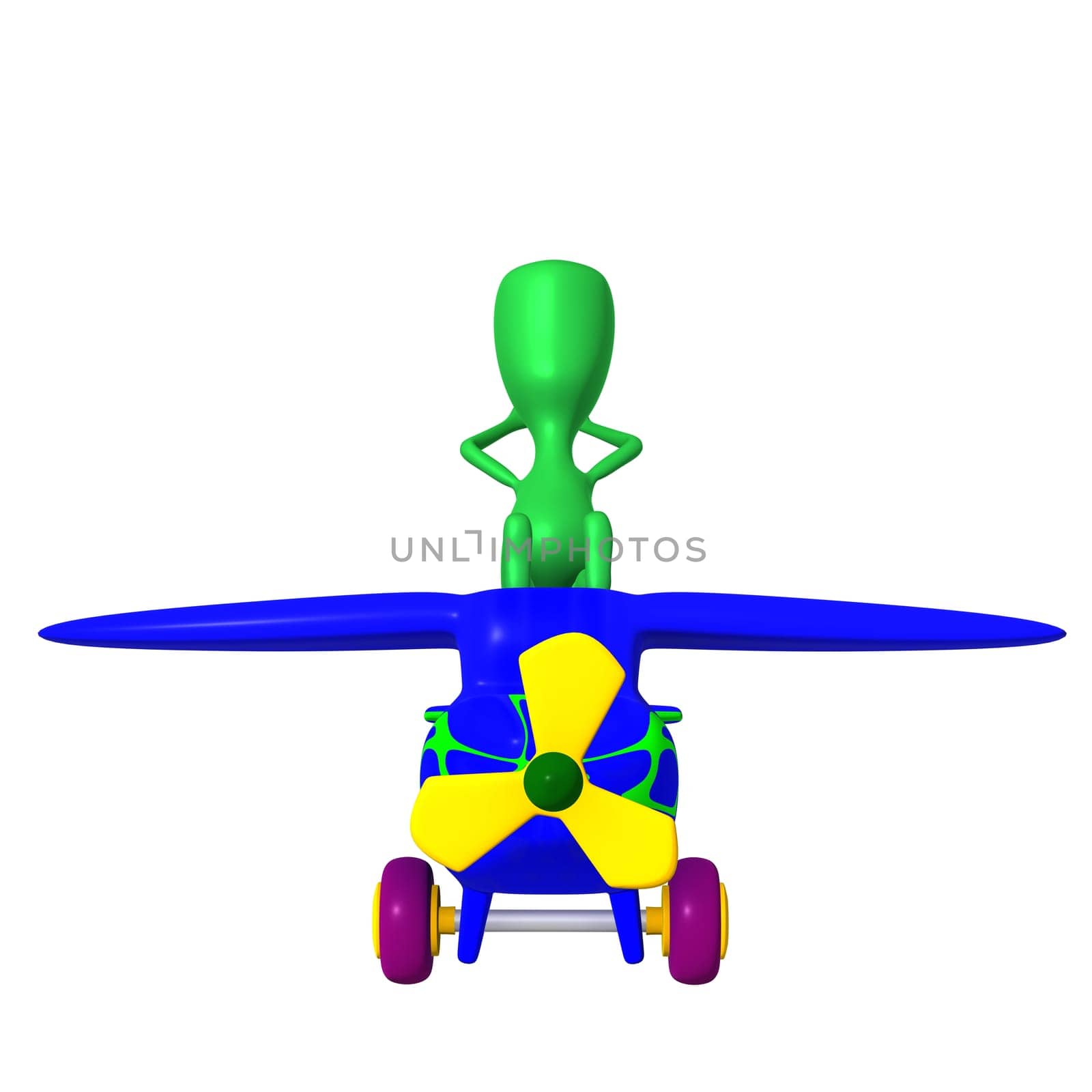 Front view green puppy resting on blue airplane