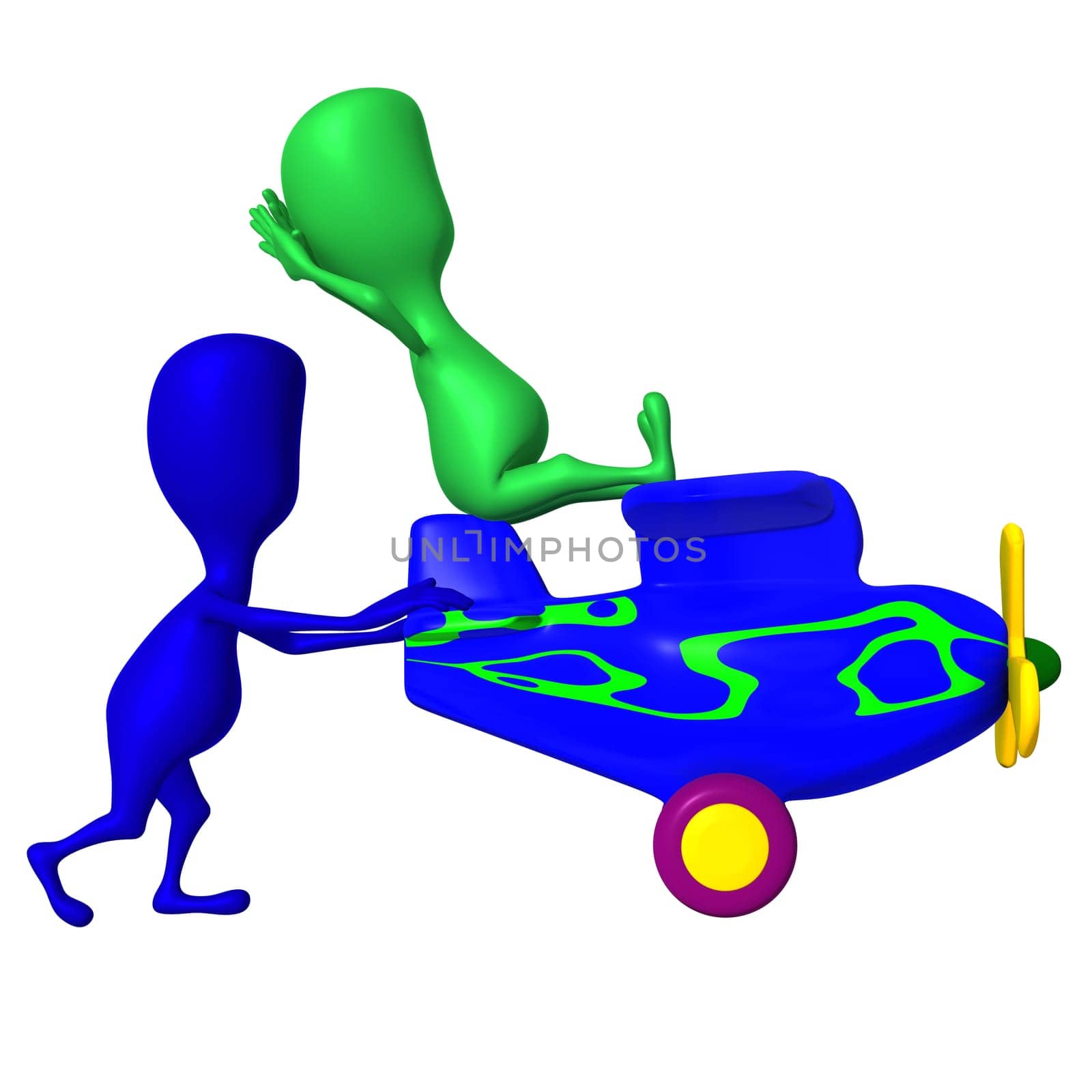 Side view blue puppy pushing airplane to move