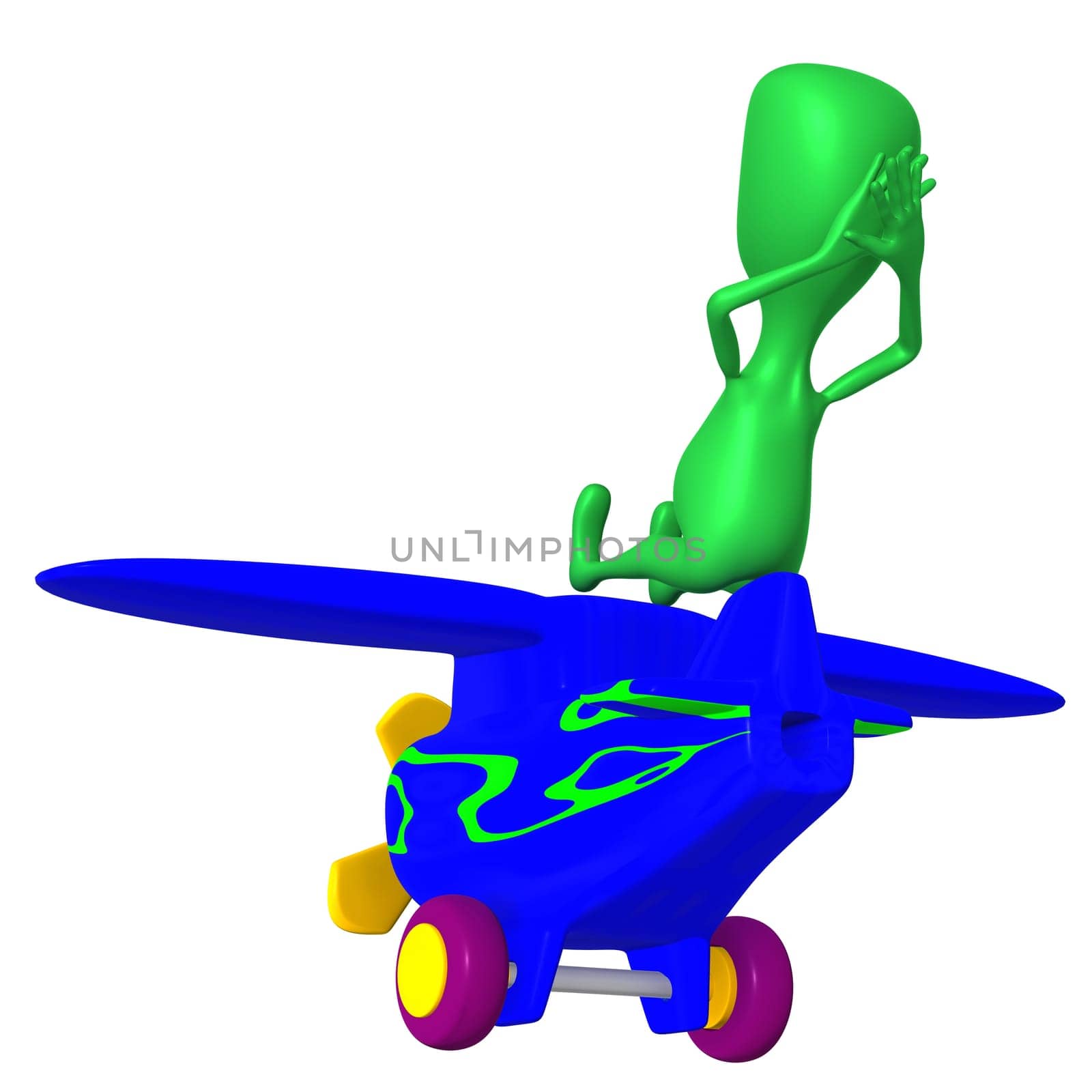 Behind view green puppy resting on blue airplane
