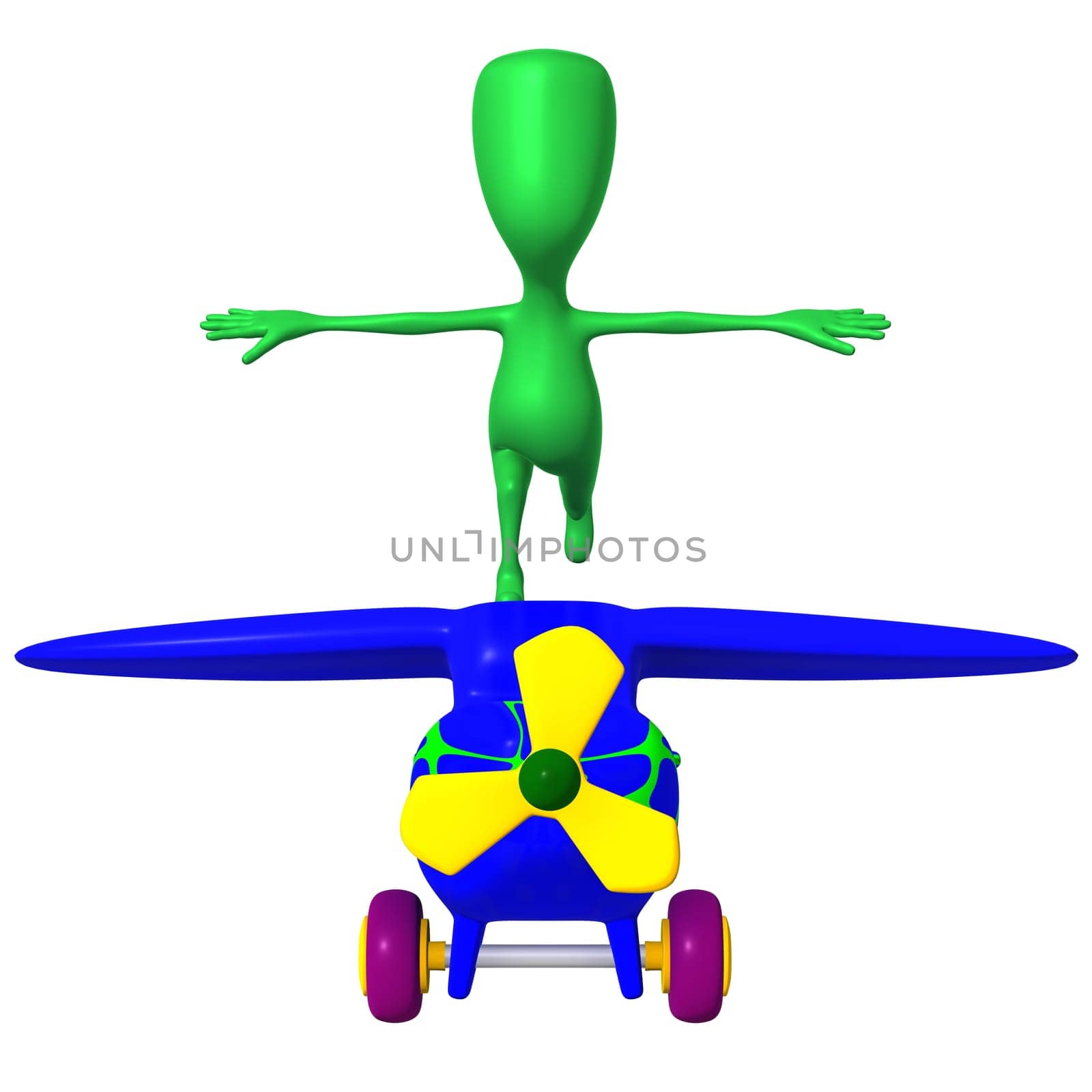 Front view green puppy imitate flight on airplane