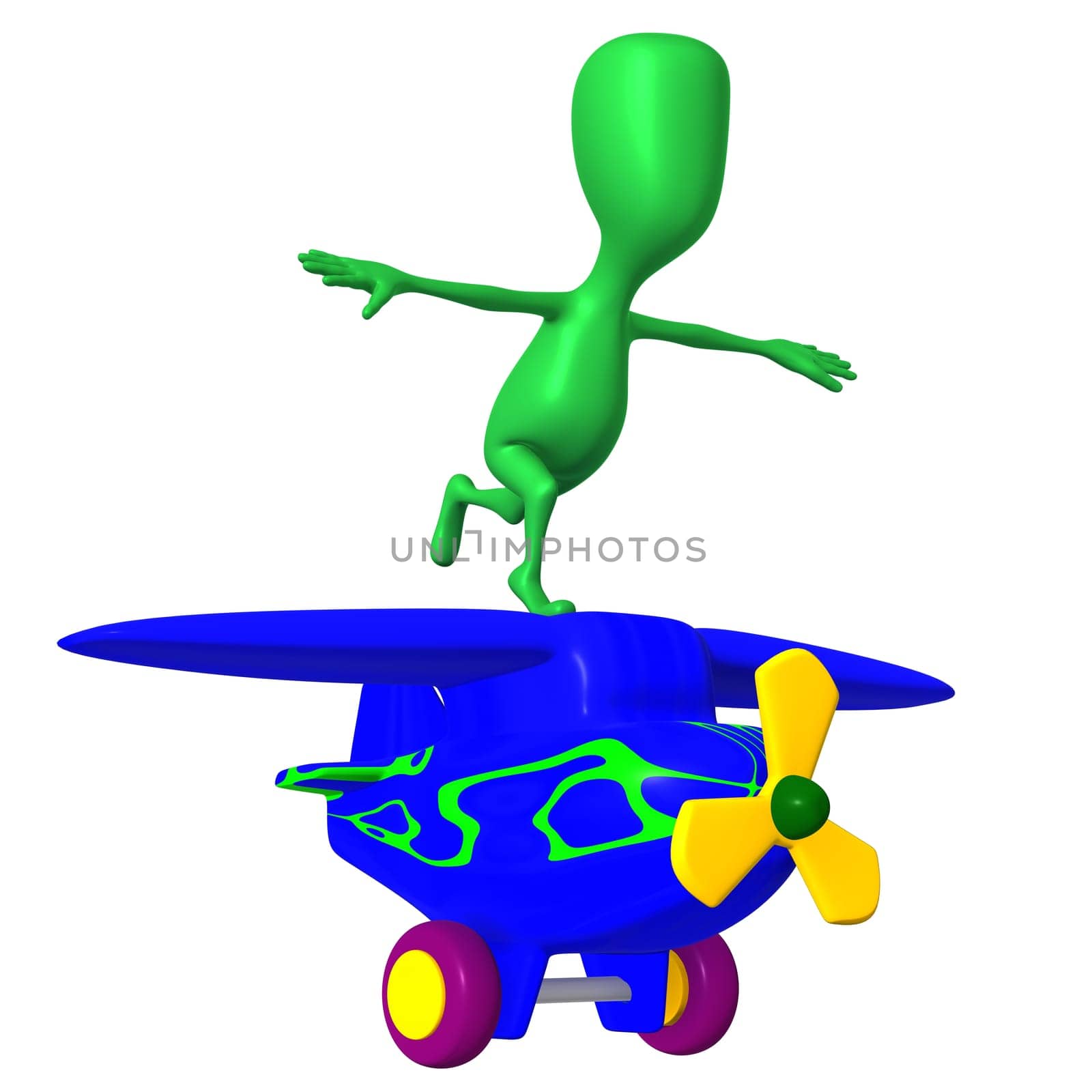 Side view green puppy imitate flight on airplane