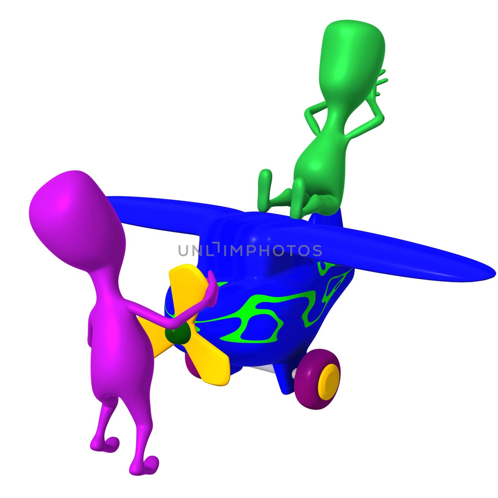 Angle view pink puppy starting airplane to work
