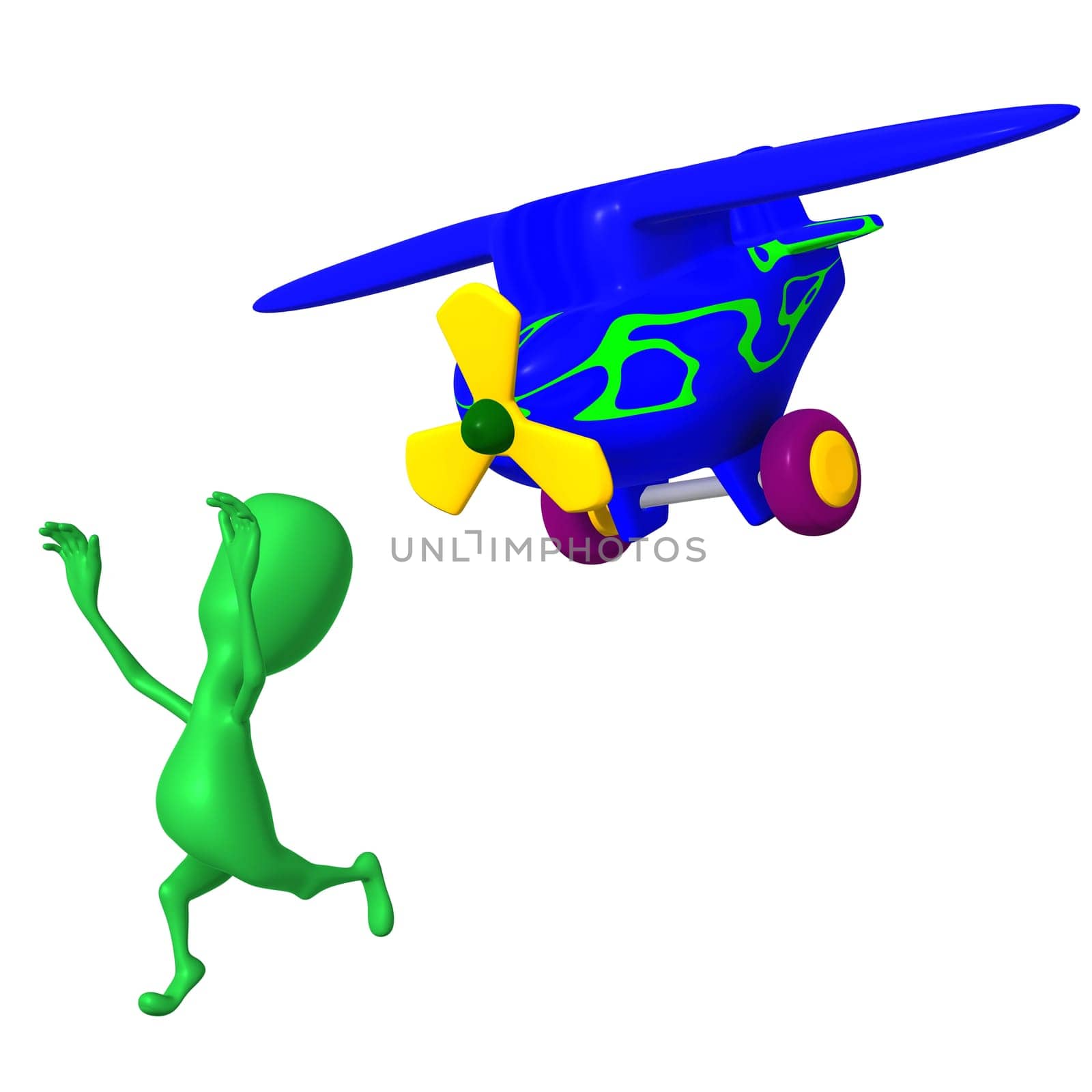 Angle view puppy run away from nosediving airplane