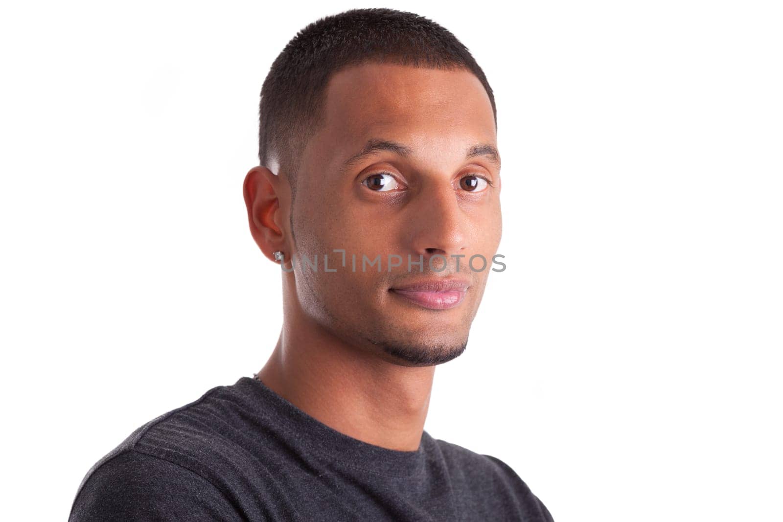 Close up portrait of a young african american man, isolated on white background