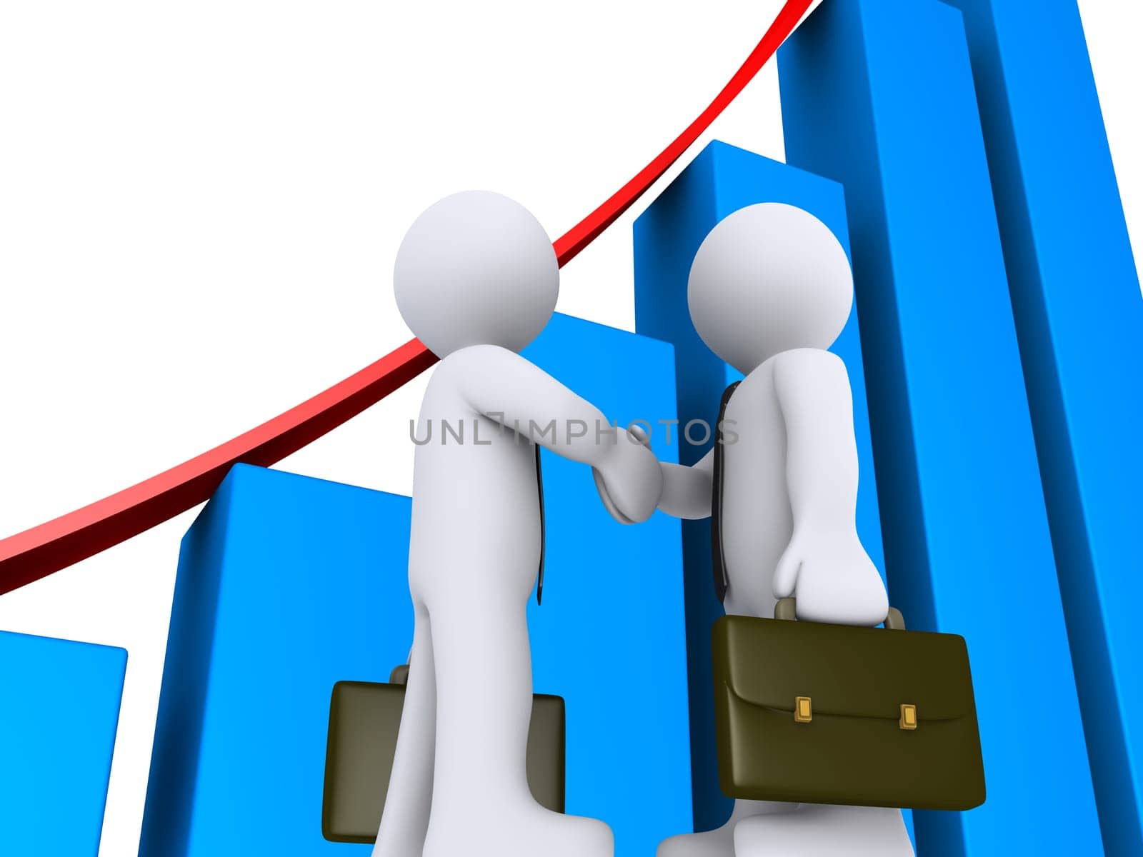 3d businessmen shake hands with growing graph as background