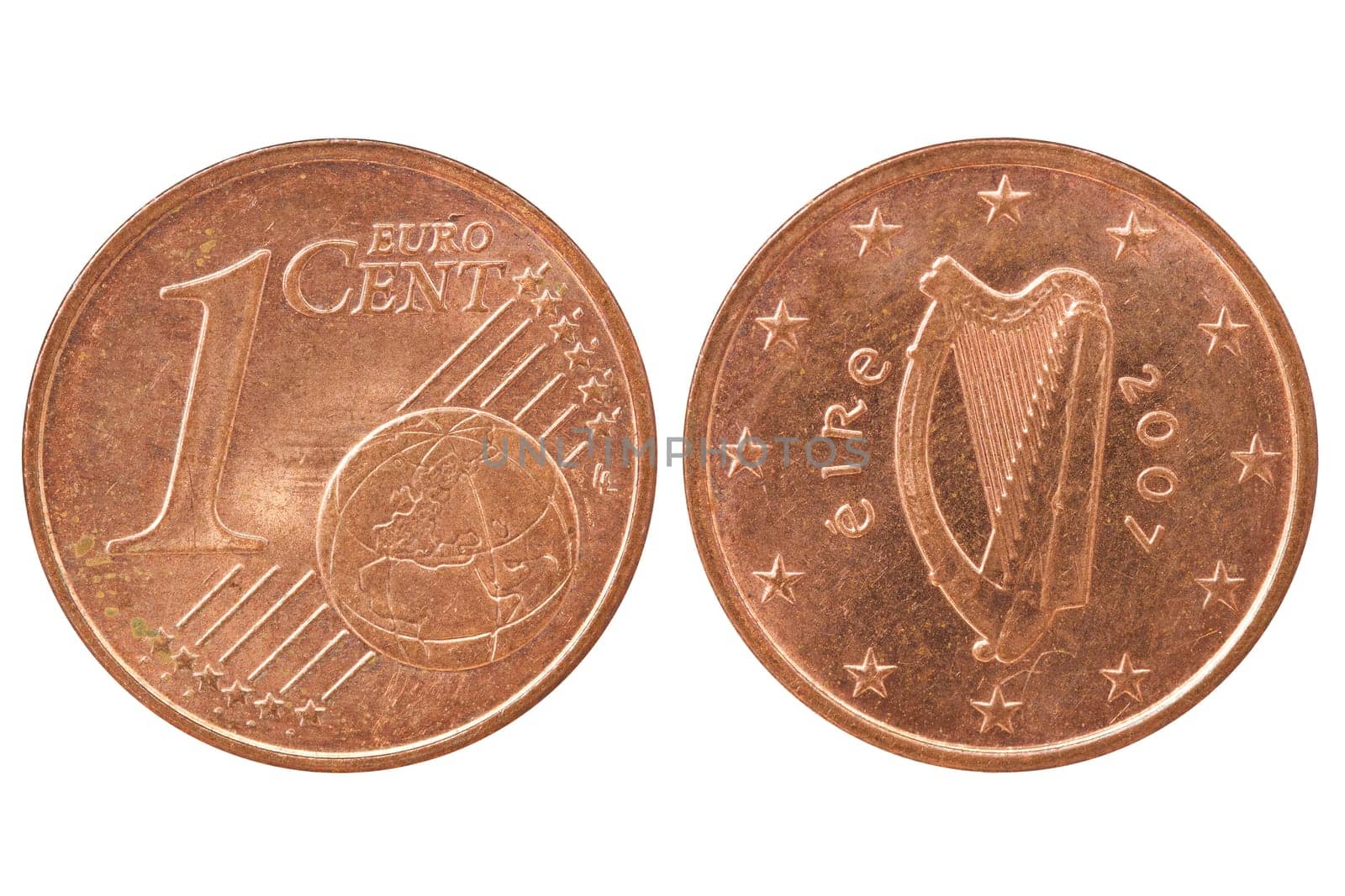 One eurocent coin macro isolated on white
