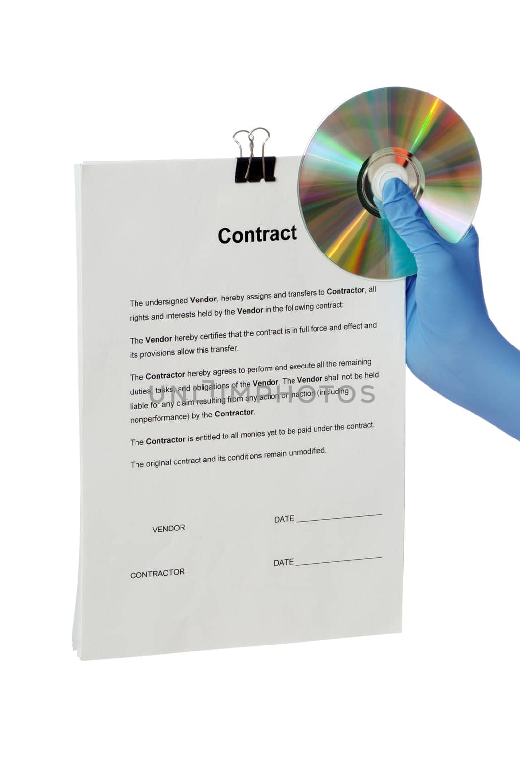 Doctor in blue gloves showing to partner hard and soft copies of new contract for signing