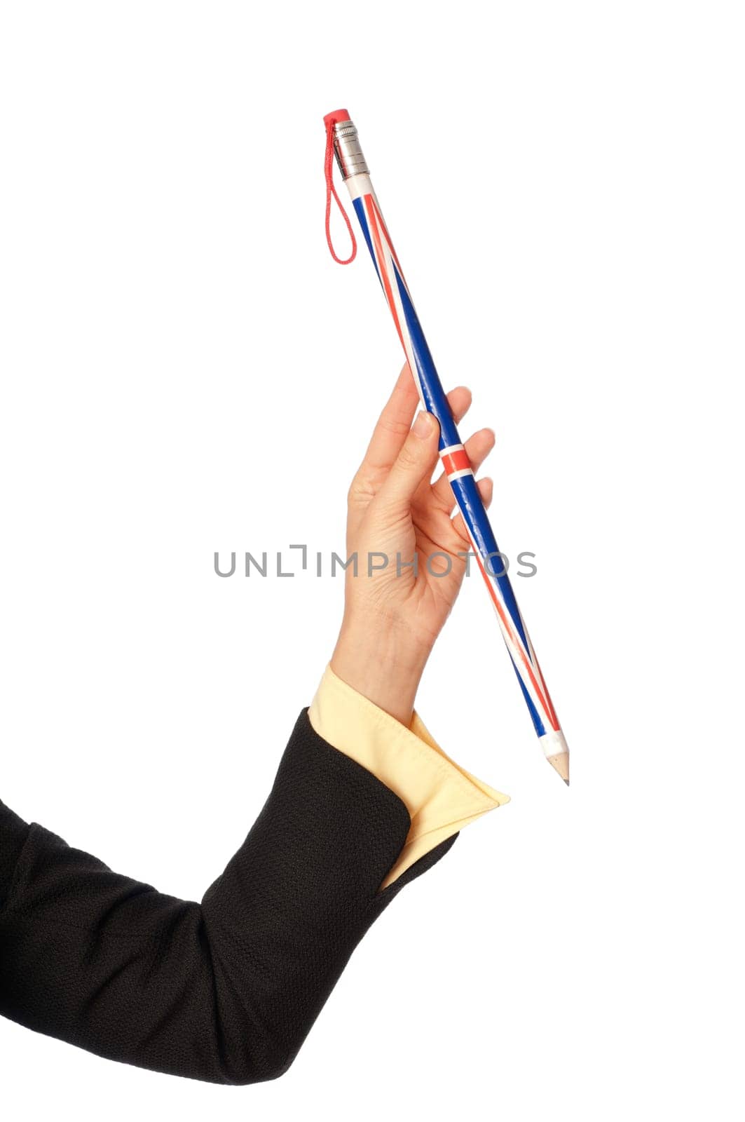 businesswoman drawing diagrams for her partners on the meeting with big funny pencil