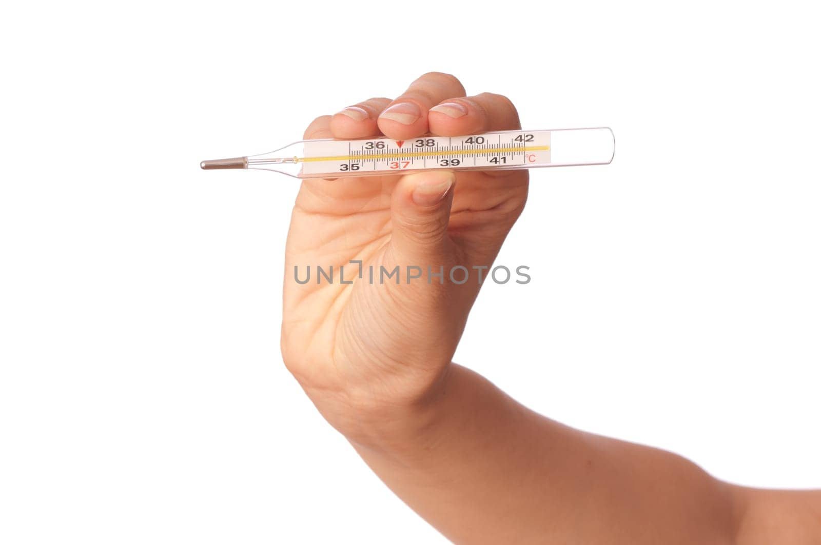 woman showing temperature on the Celsius thermometer