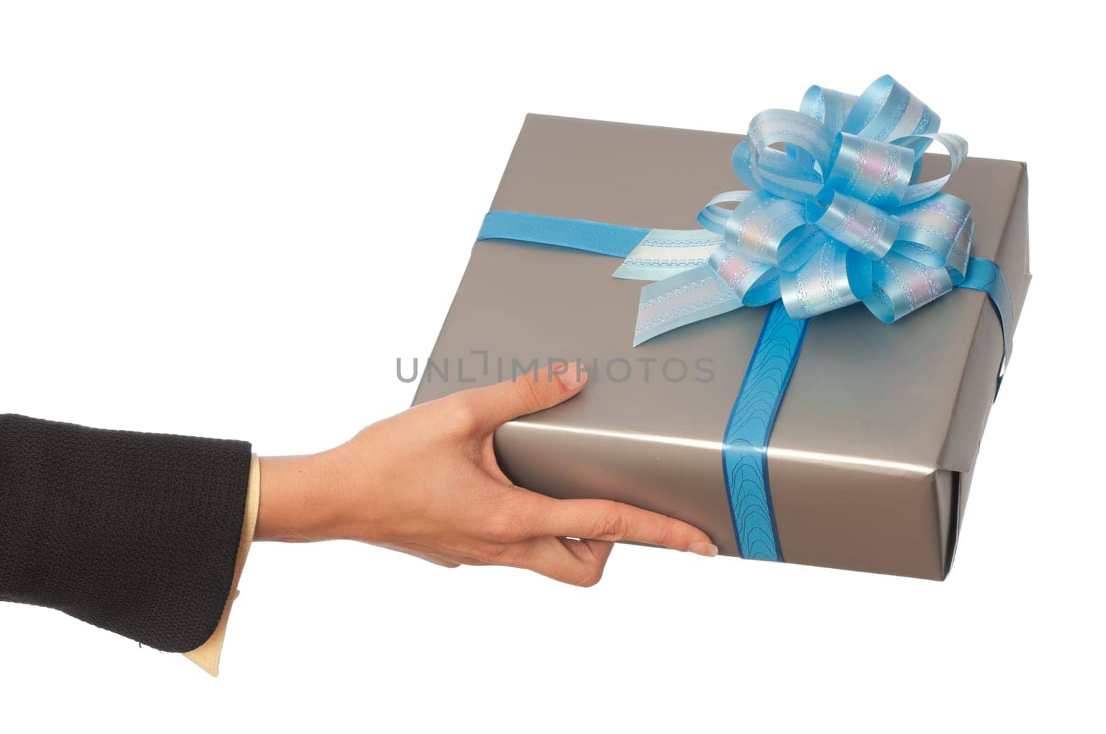 woman giving a silver box with blue bow as a gift