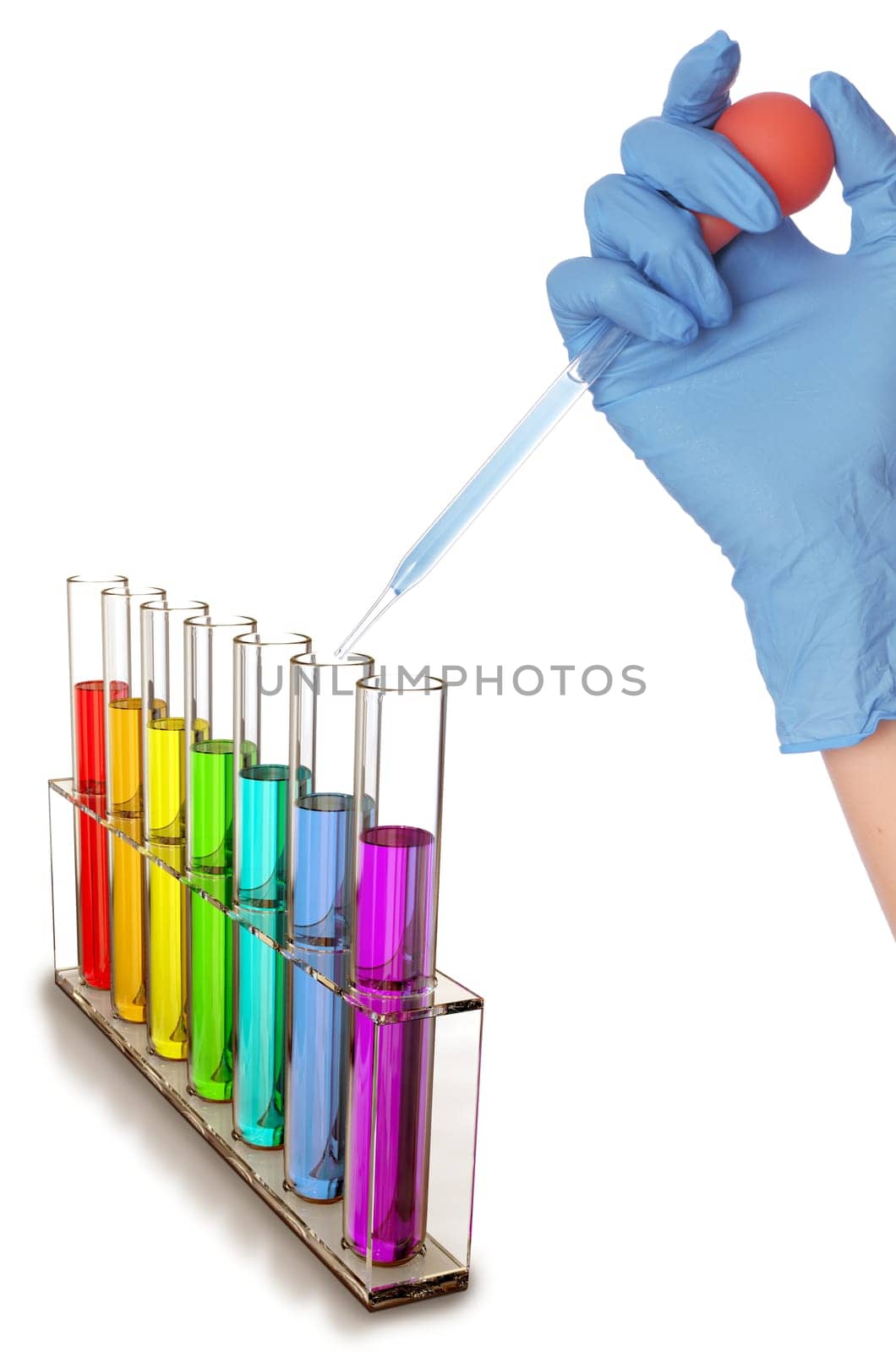 chemist in blue gloves making test in a laboratory with samples