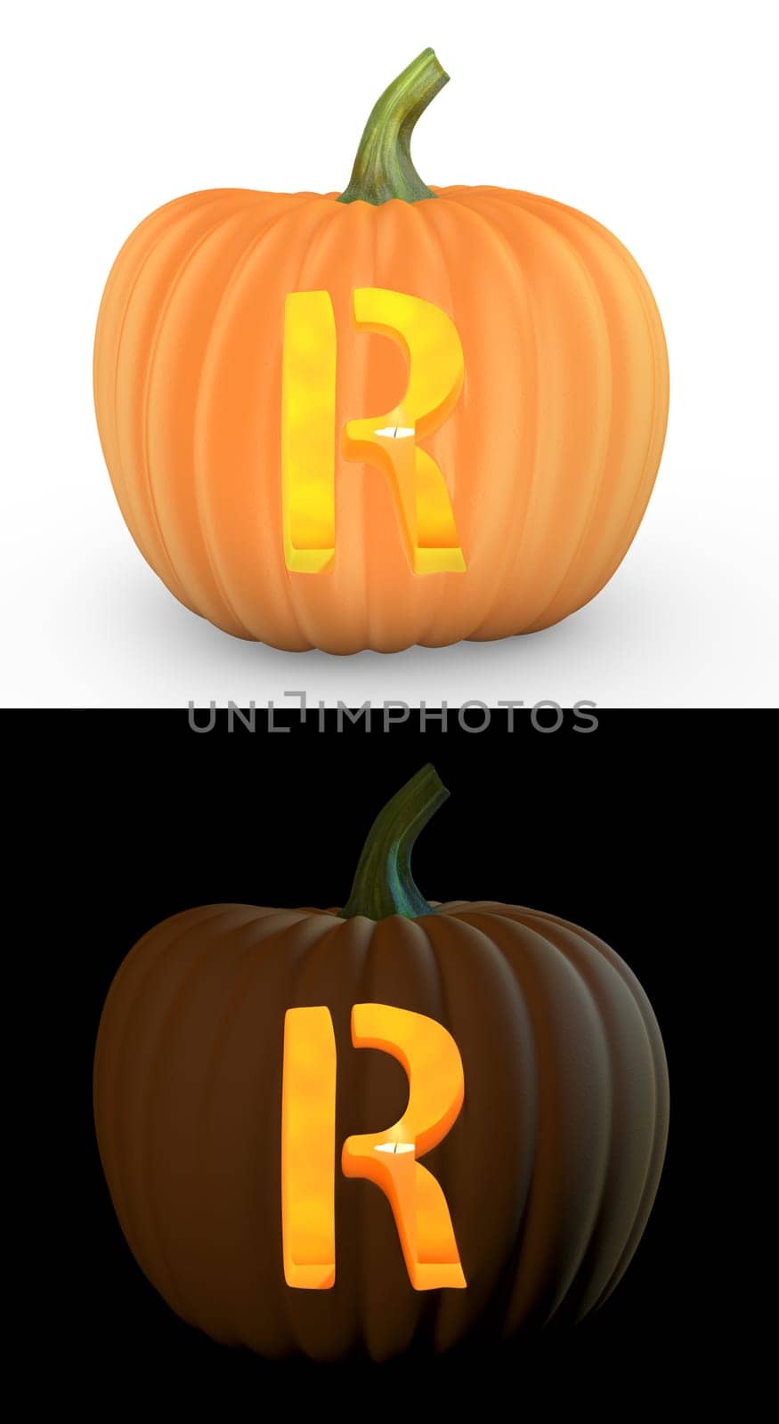 R letter carved on pumpkin jack lantern isolated on and white background